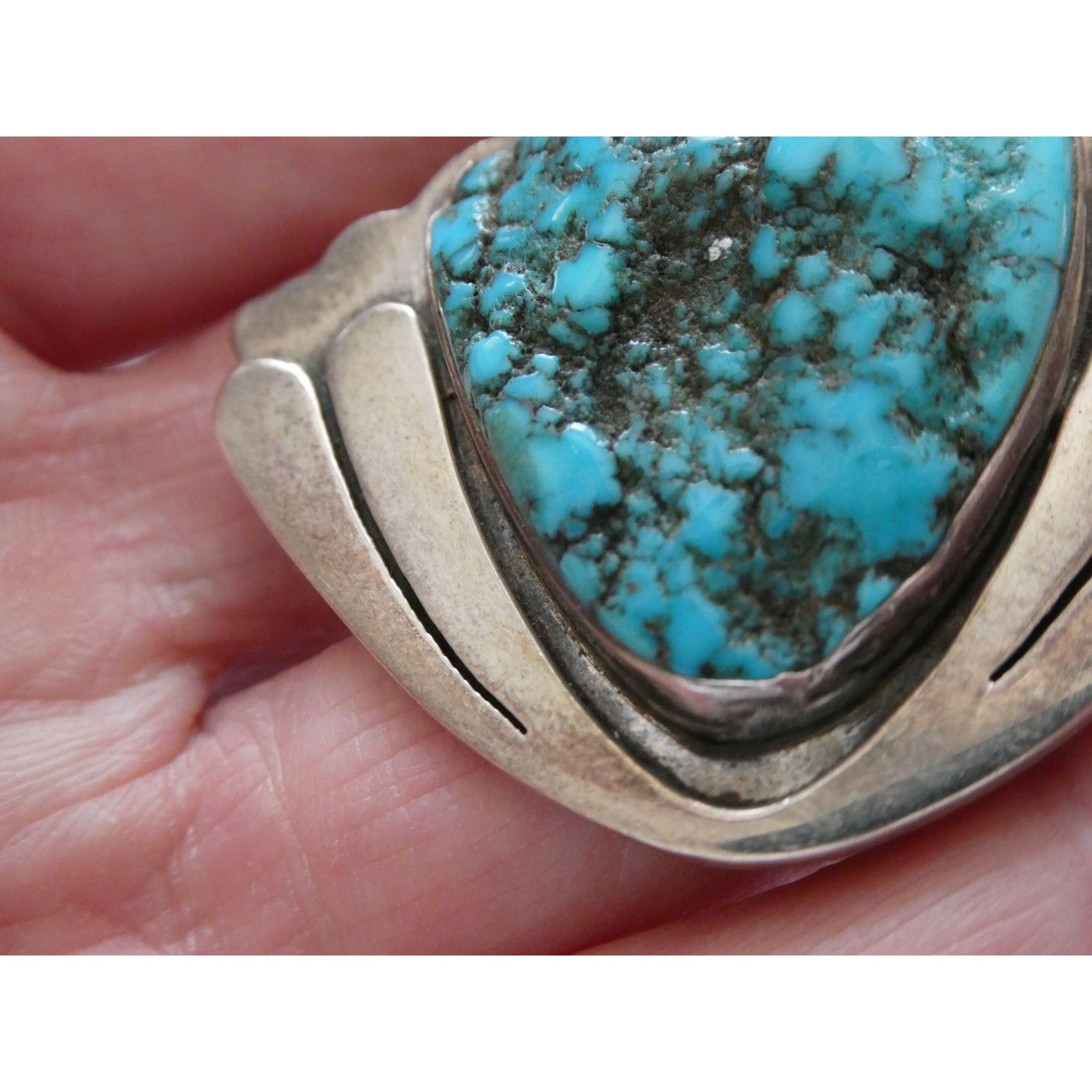 Vintage Artisan SKR Sterling Silver Mexican Fire Opal and Turquoise Brooch 27g
