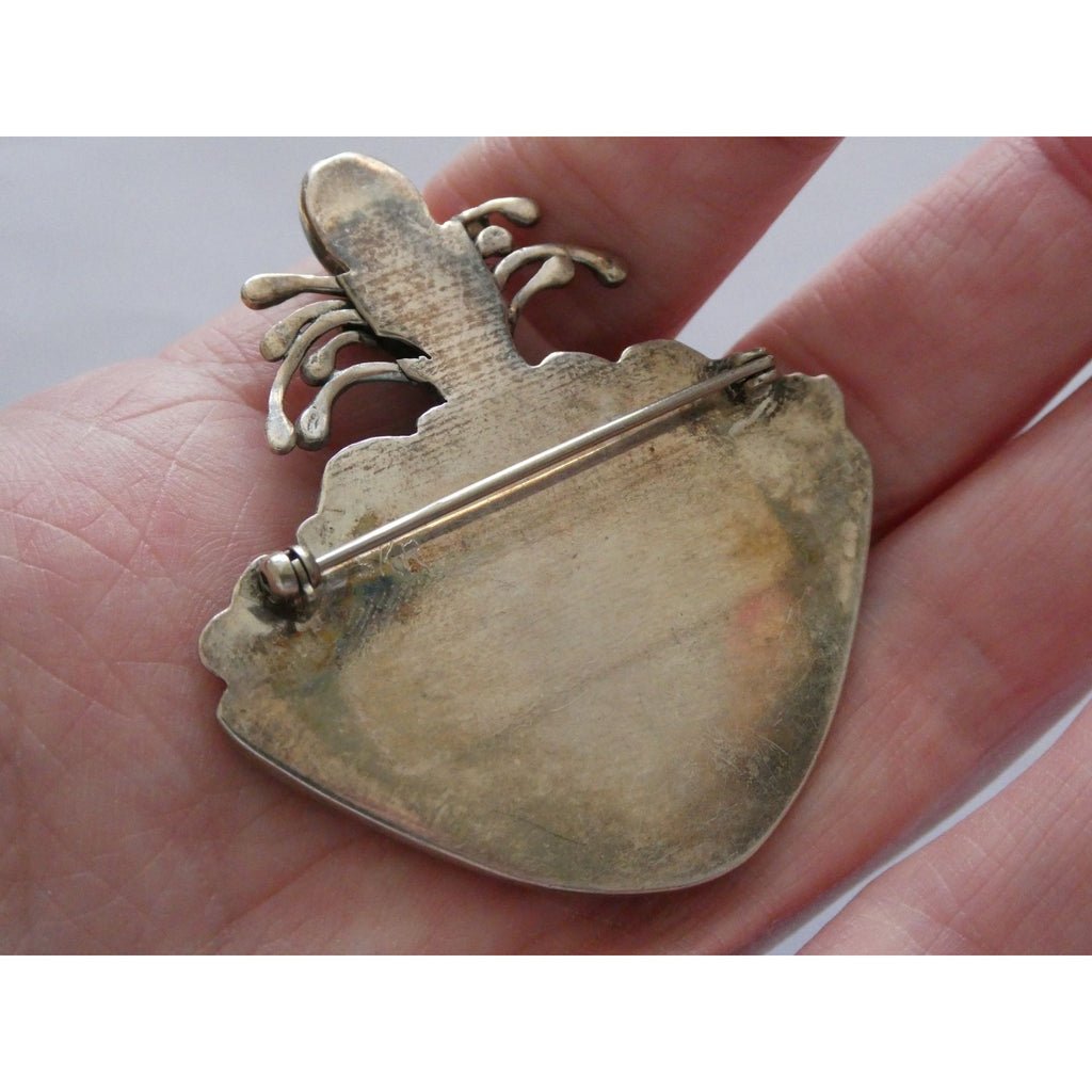Vintage Artisan SKR Sterling Silver Mexican Fire Opal and Turquoise Brooch 27g