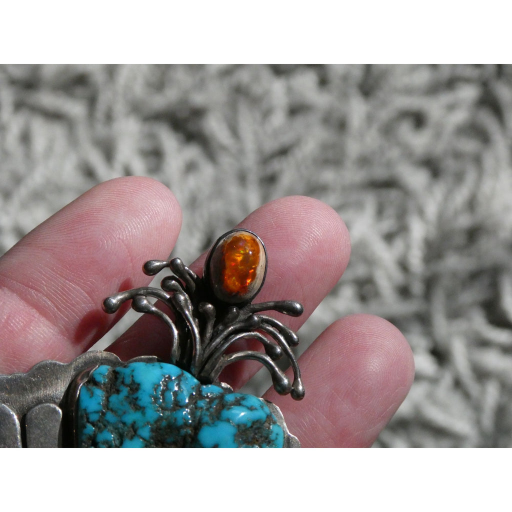 Vintage Artisan SKR Sterling Silver Mexican Fire Opal and Turquoise Brooch 27g