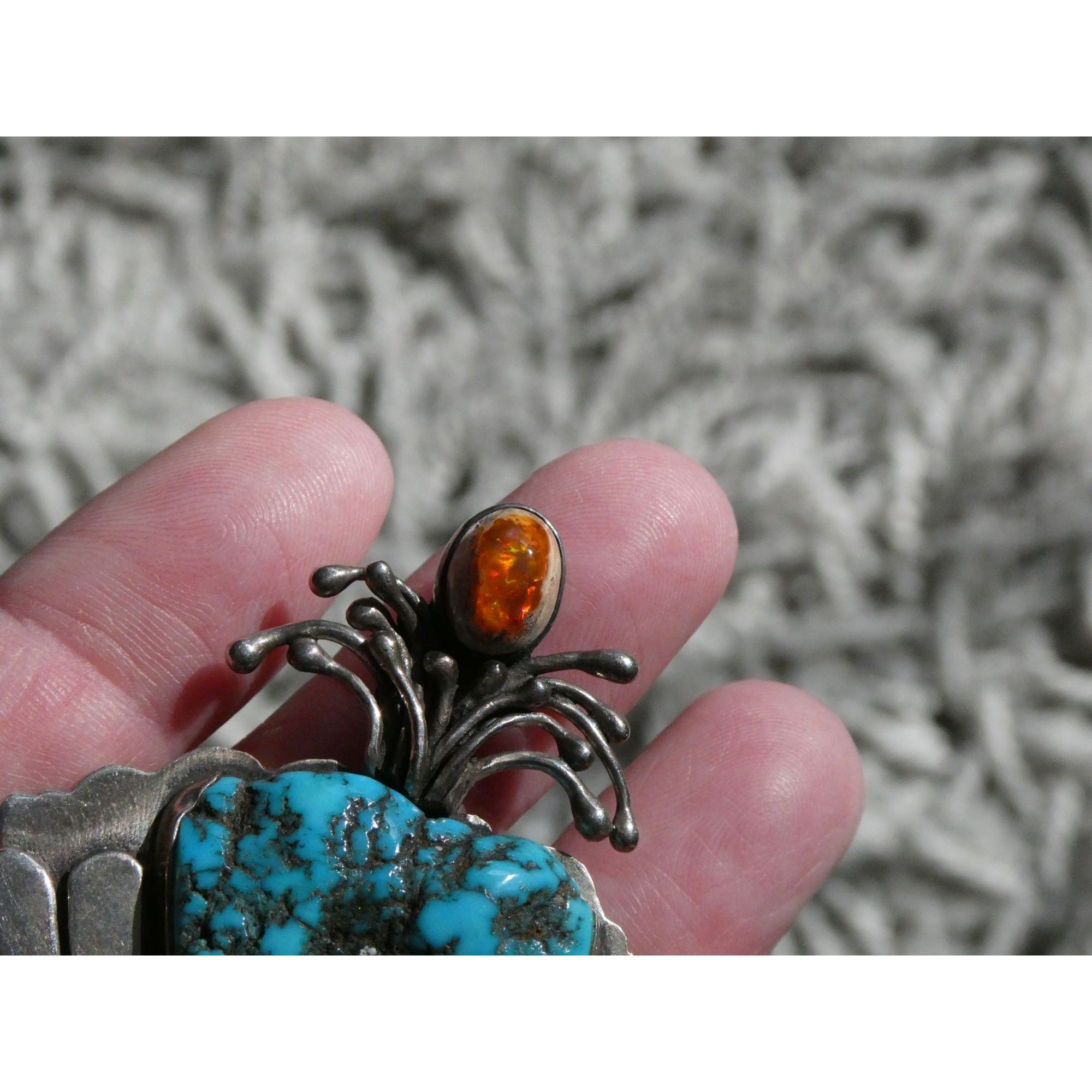 Vintage Artisan SKR Sterling Silver Mexican Fire Opal and Turquoise Brooch 27g