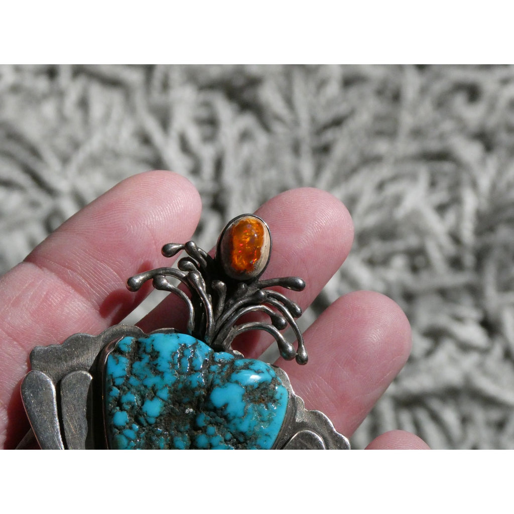 Vintage Artisan SKR Sterling Silver Mexican Fire Opal and Turquoise Brooch 27g