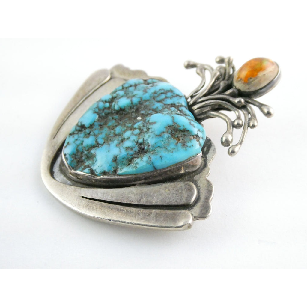 Vintage Artisan SKR Sterling Silver Mexican Fire Opal and Turquoise Brooch 27g