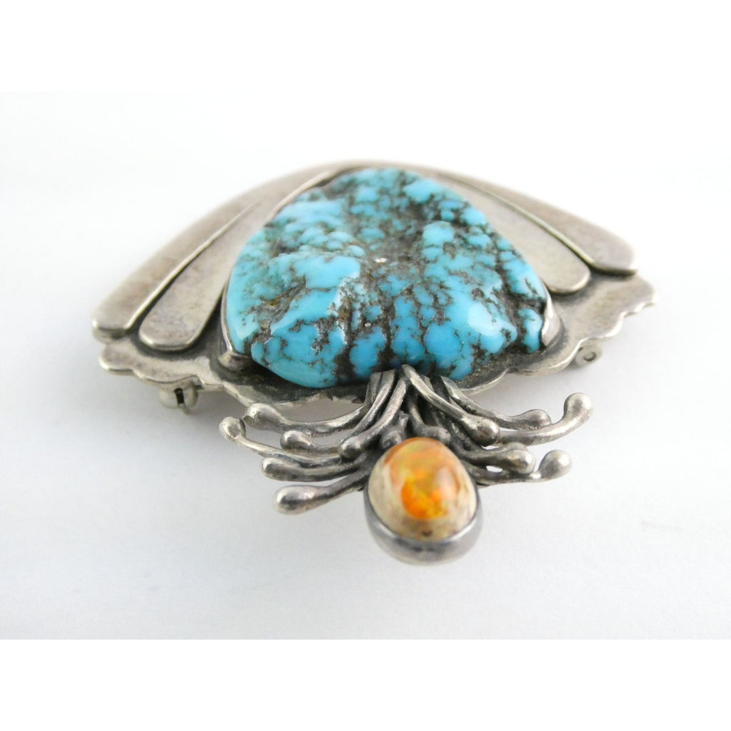 Vintage Artisan SKR Sterling Silver Mexican Fire Opal and Turquoise Brooch 27g
