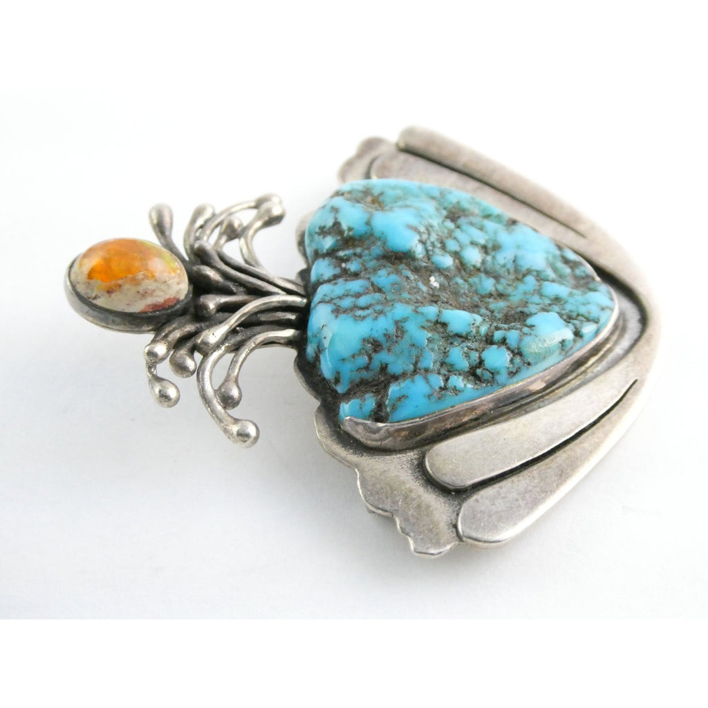 Vintage Artisan SKR Sterling Silver Mexican Fire Opal and Turquoise Brooch 27g