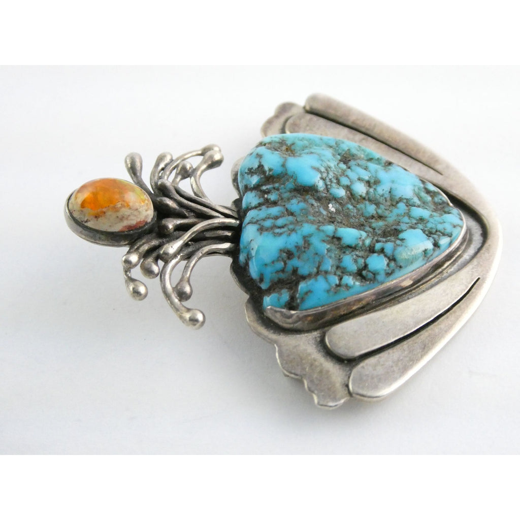 Vintage Artisan SKR Sterling Silver Mexican Fire Opal and Turquoise Brooch 27g