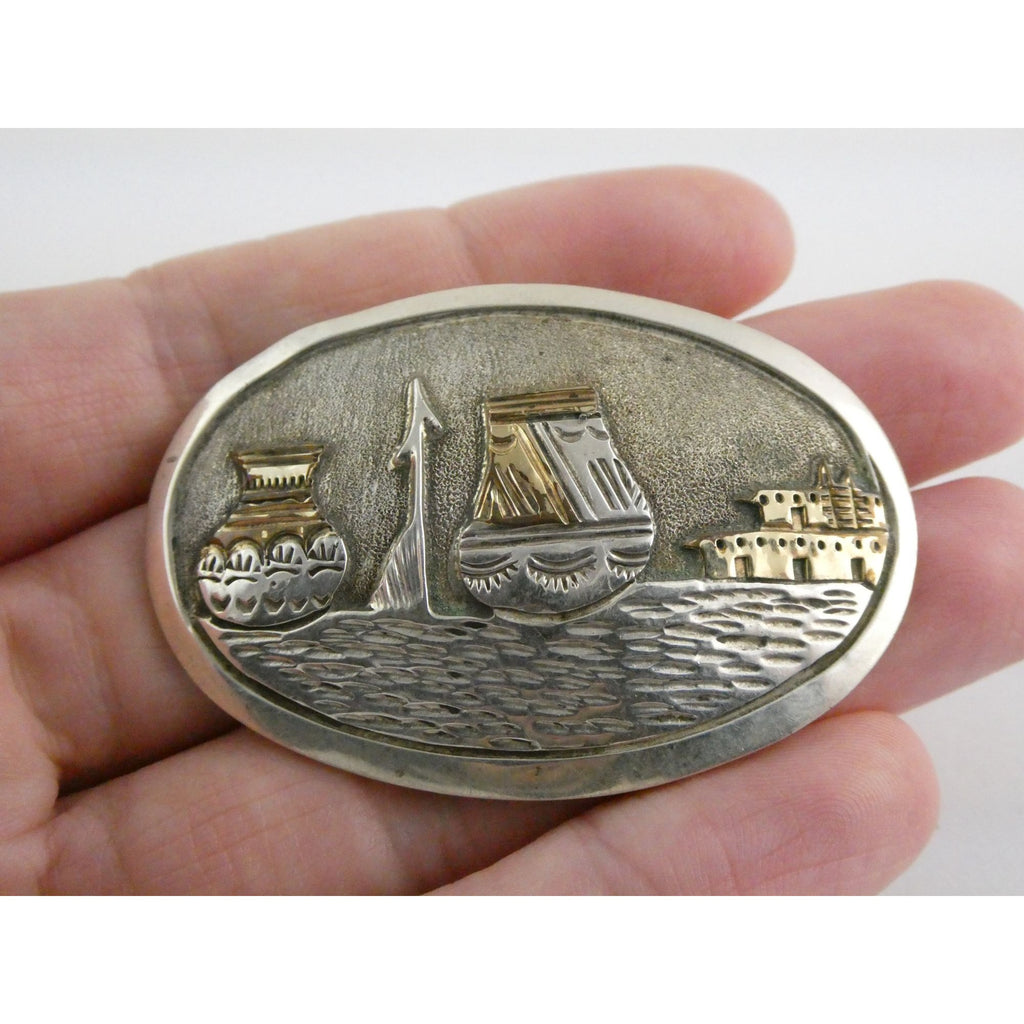 Southwestern Scene Sterling Silver Gilt Accent Pin Pendant Vases Spear 18g 54mm