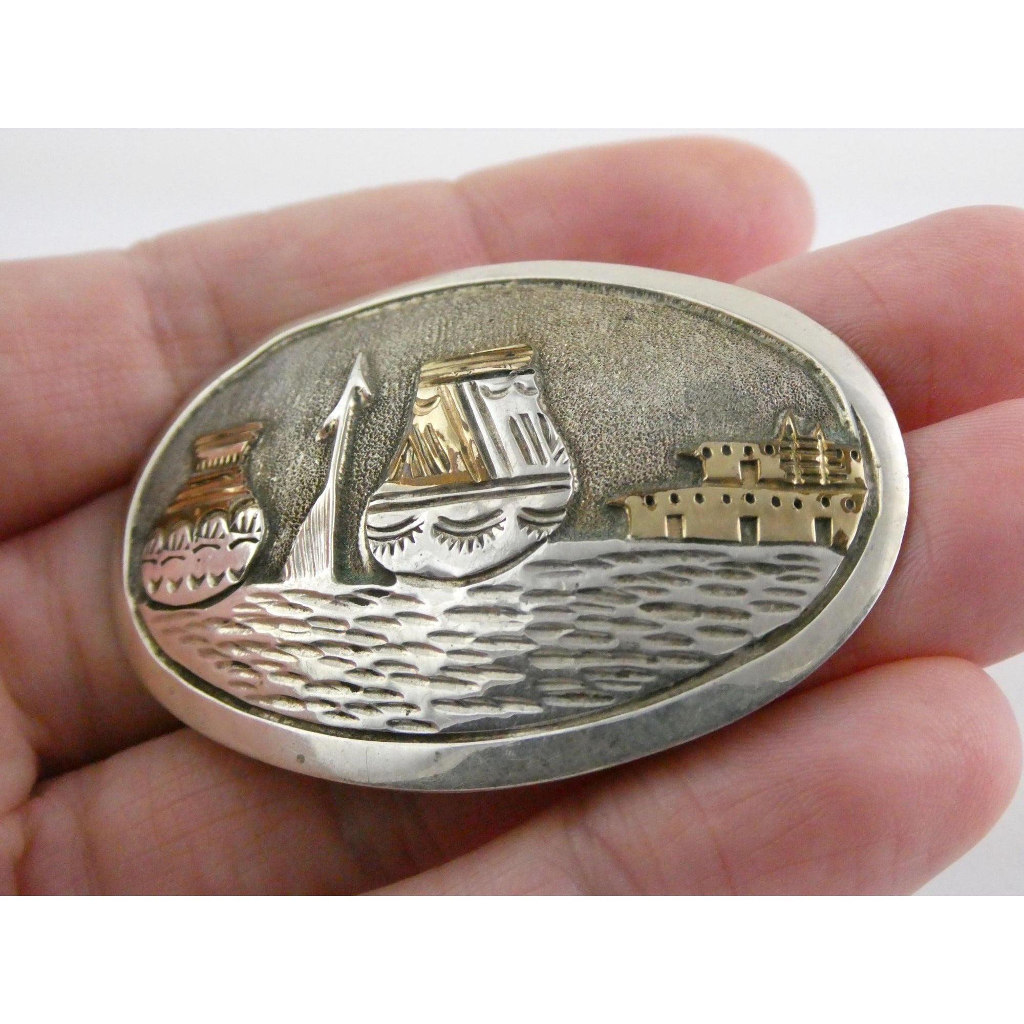 Southwestern Scene Sterling Silver Gilt Accent Pin Pendant Vases Spear 18g 54mm