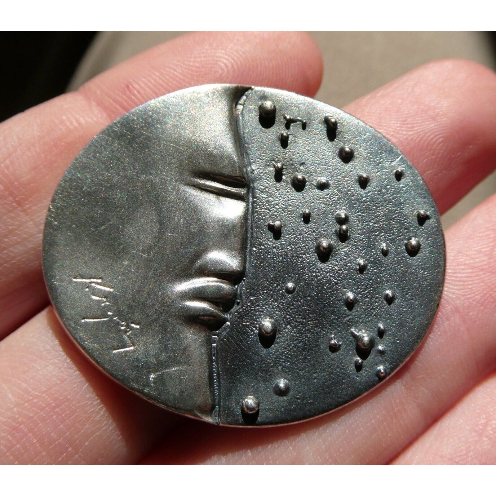 Vintage Handmade Signed Sterling Silver Moon Face and Star Pendant 925 14.8g 312