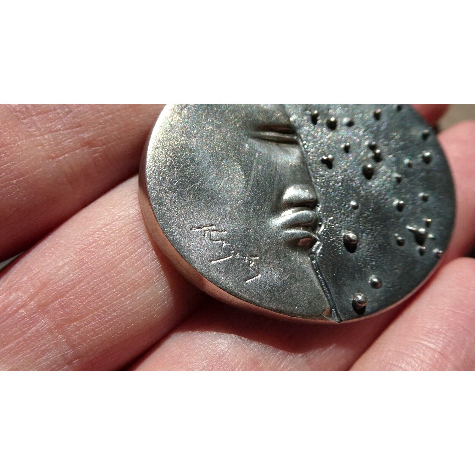 Vintage Handmade Signed Sterling Silver Moon Face and Star Pendant 925 14.8g 312