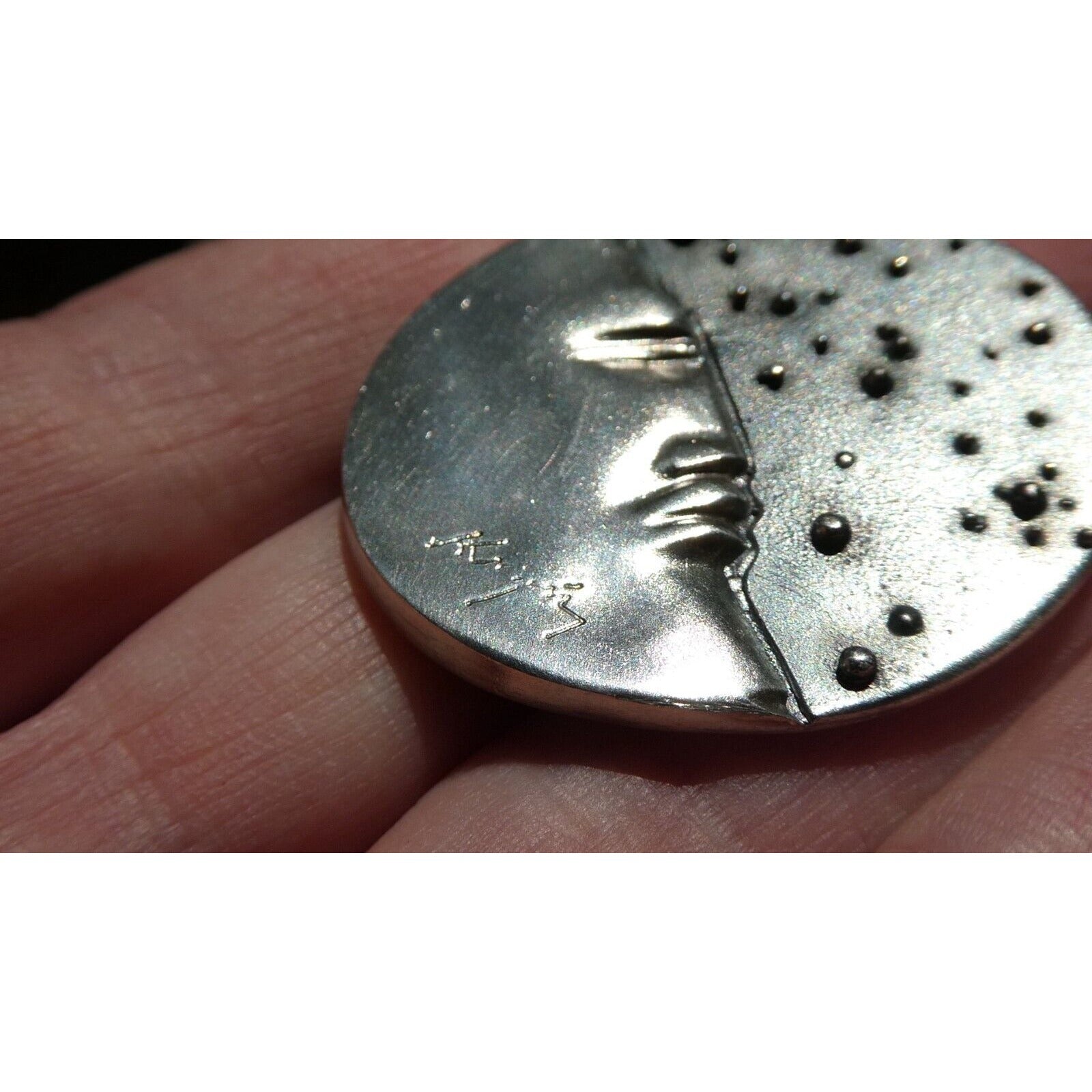 Vintage Handmade Signed Sterling Silver Moon Face and Star Pendant 925 14.8g 312