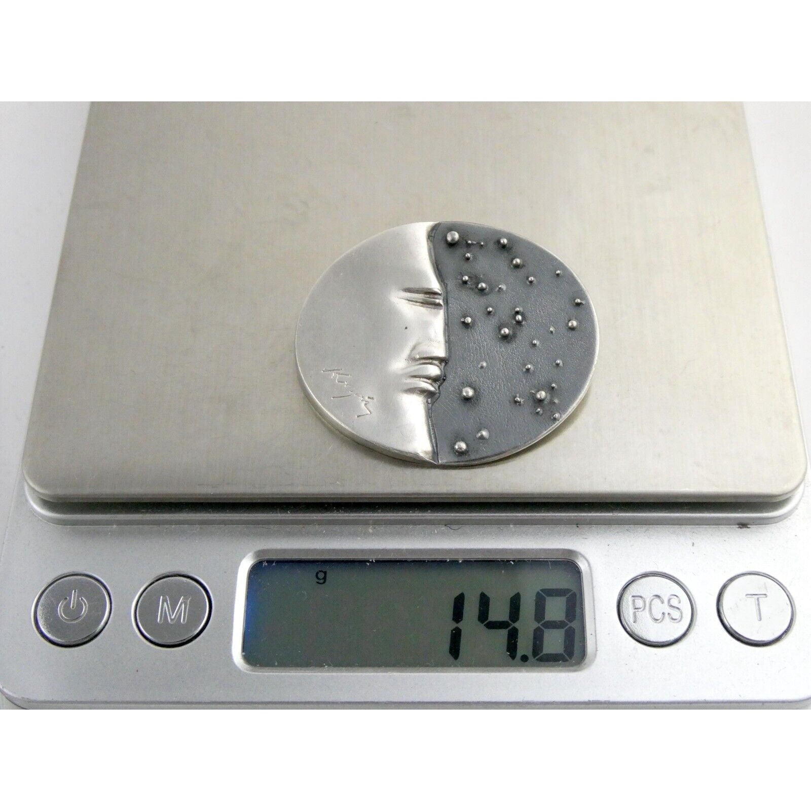 Vintage Handmade Signed Sterling Silver Moon Face and Star Pendant 925 14.8g 312