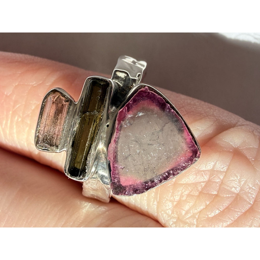 Artisan Made Sterling Silver Watermelon Tourmaline Ring Size 10 Weighs 6.7g
