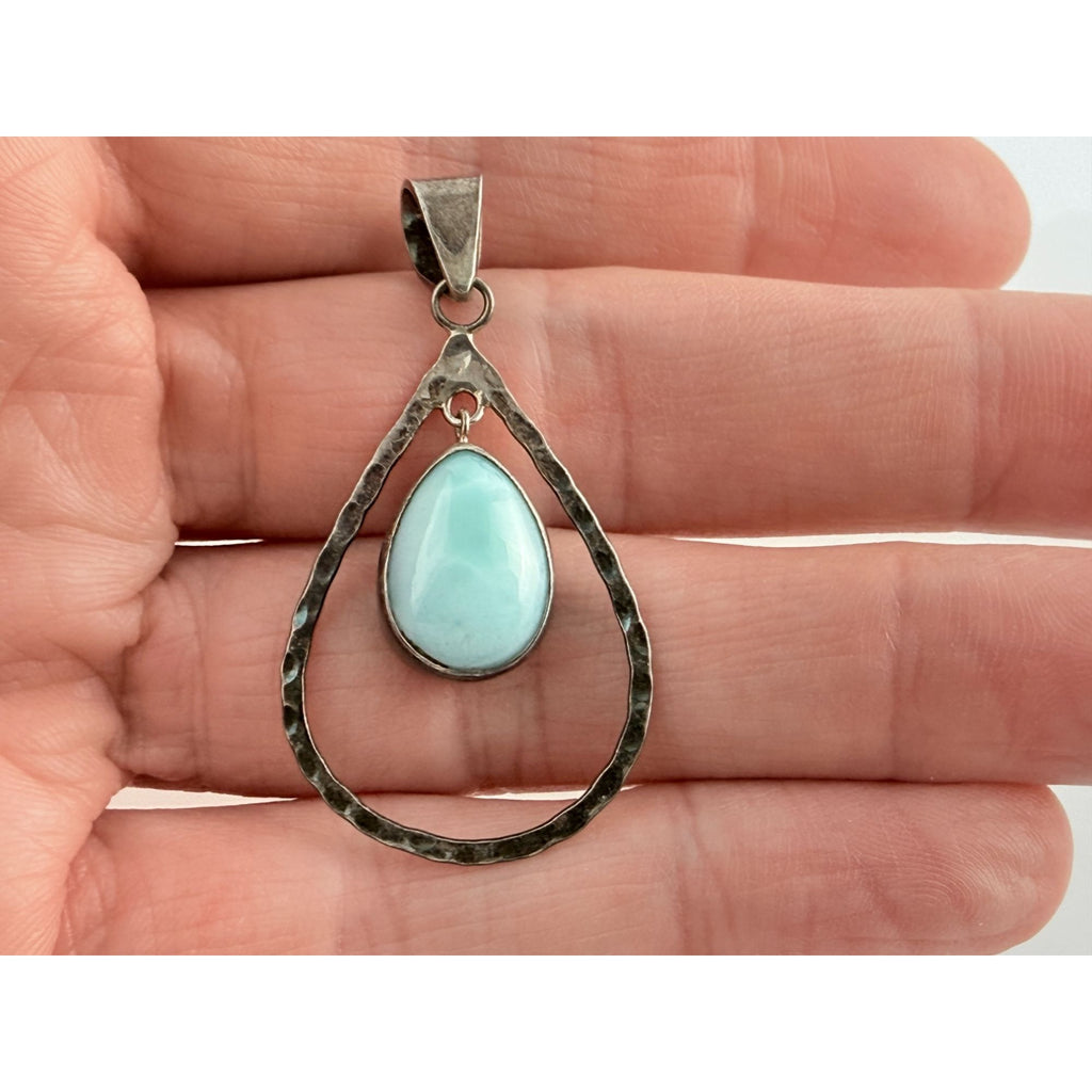Sterling Silver Floating Larimar Cabochon Teardrop Pendant 3.7g 1.75 Inches