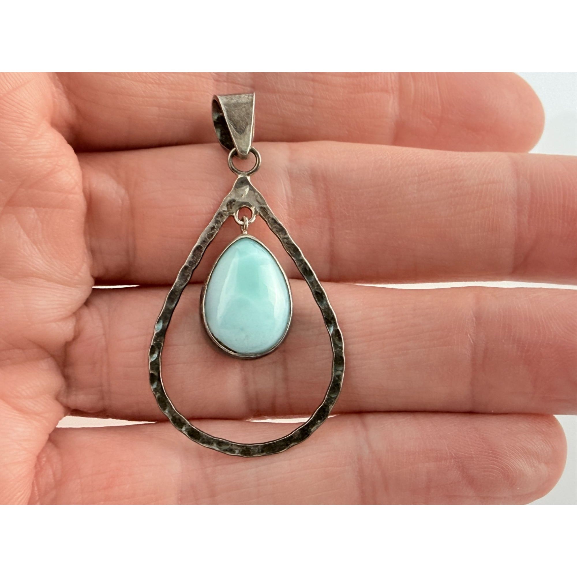Sterling Silver Floating Larimar Cabochon Teardrop Pendant 3.7g 1.75 Inches