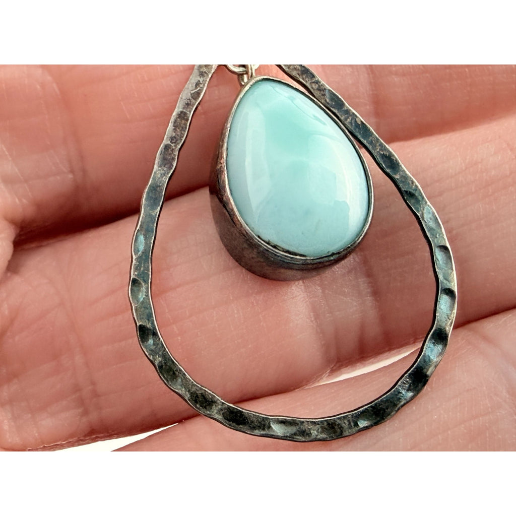 Sterling Silver Floating Larimar Cabochon Teardrop Pendant 3.7g 1.75 Inches