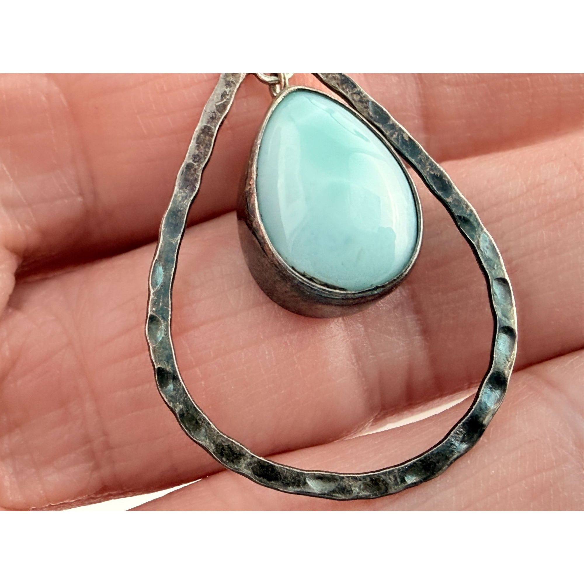 Sterling Silver Floating Larimar Cabochon Teardrop Pendant 3.7g 1.75 Inches