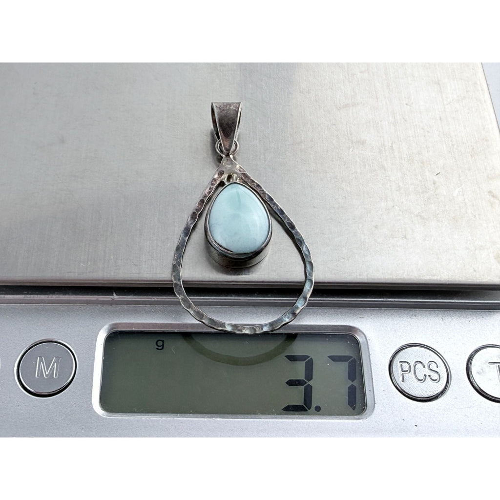 Sterling Silver Floating Larimar Cabochon Teardrop Pendant 3.7g 1.75 Inches