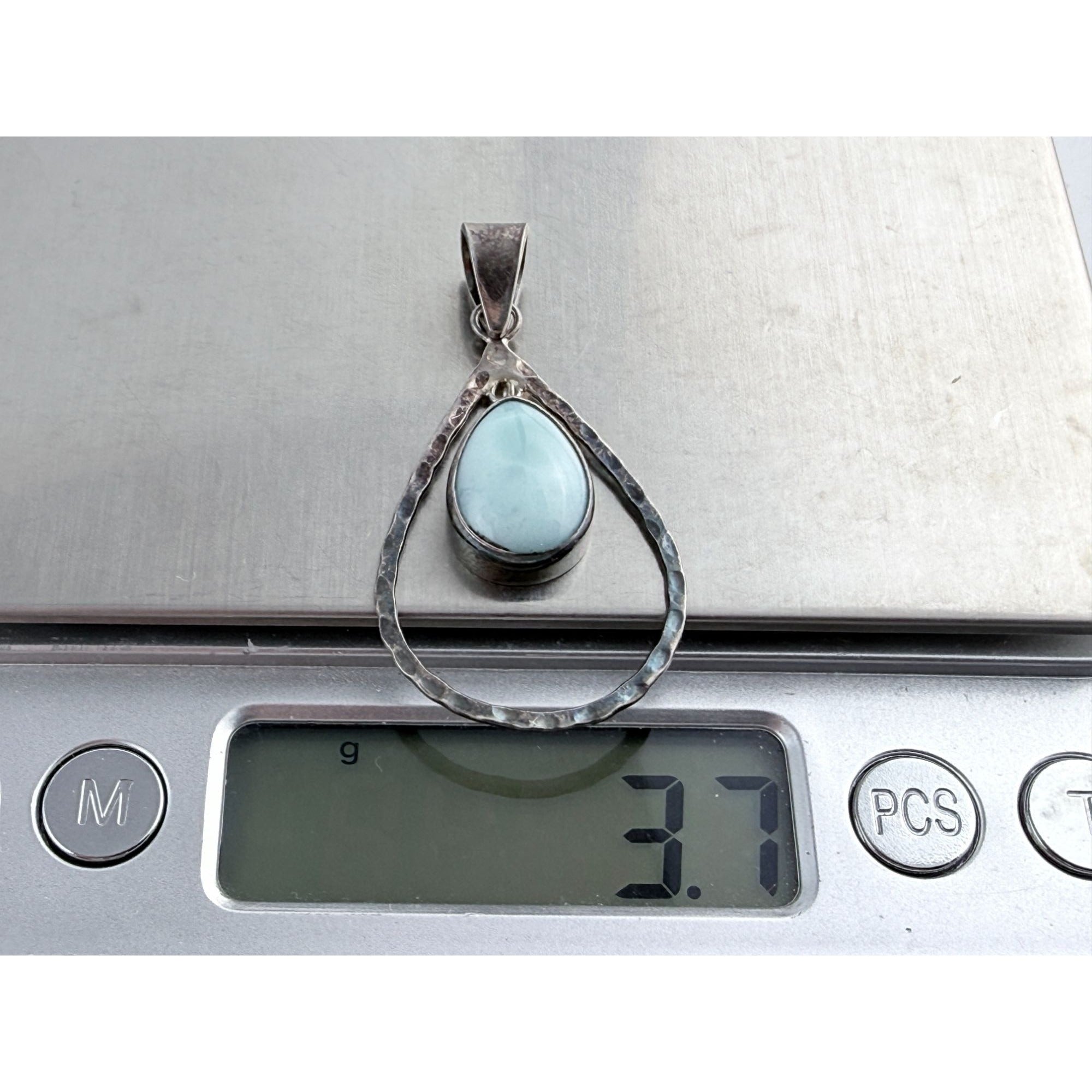 Sterling Silver Floating Larimar Cabochon Teardrop Pendant 3.7g 1.75 Inches