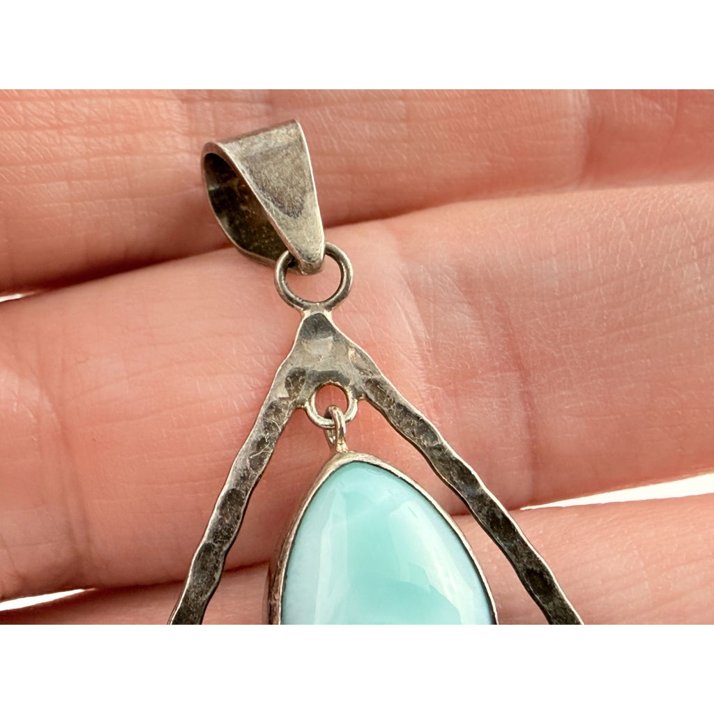 Sterling Silver Floating Larimar Cabochon Teardrop Pendant 3.7g 1.75 Inches