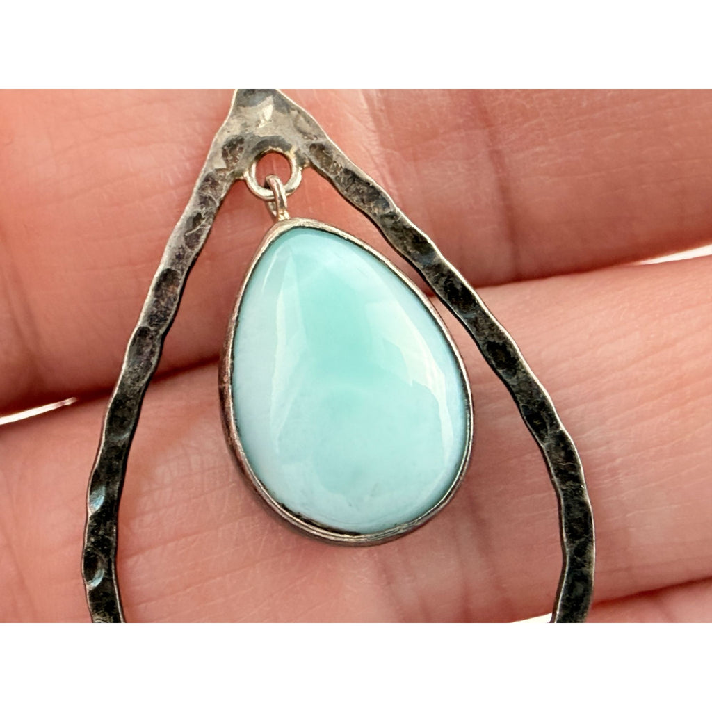 Sterling Silver Floating Larimar Cabochon Teardrop Pendant 3.7g 1.75 Inches