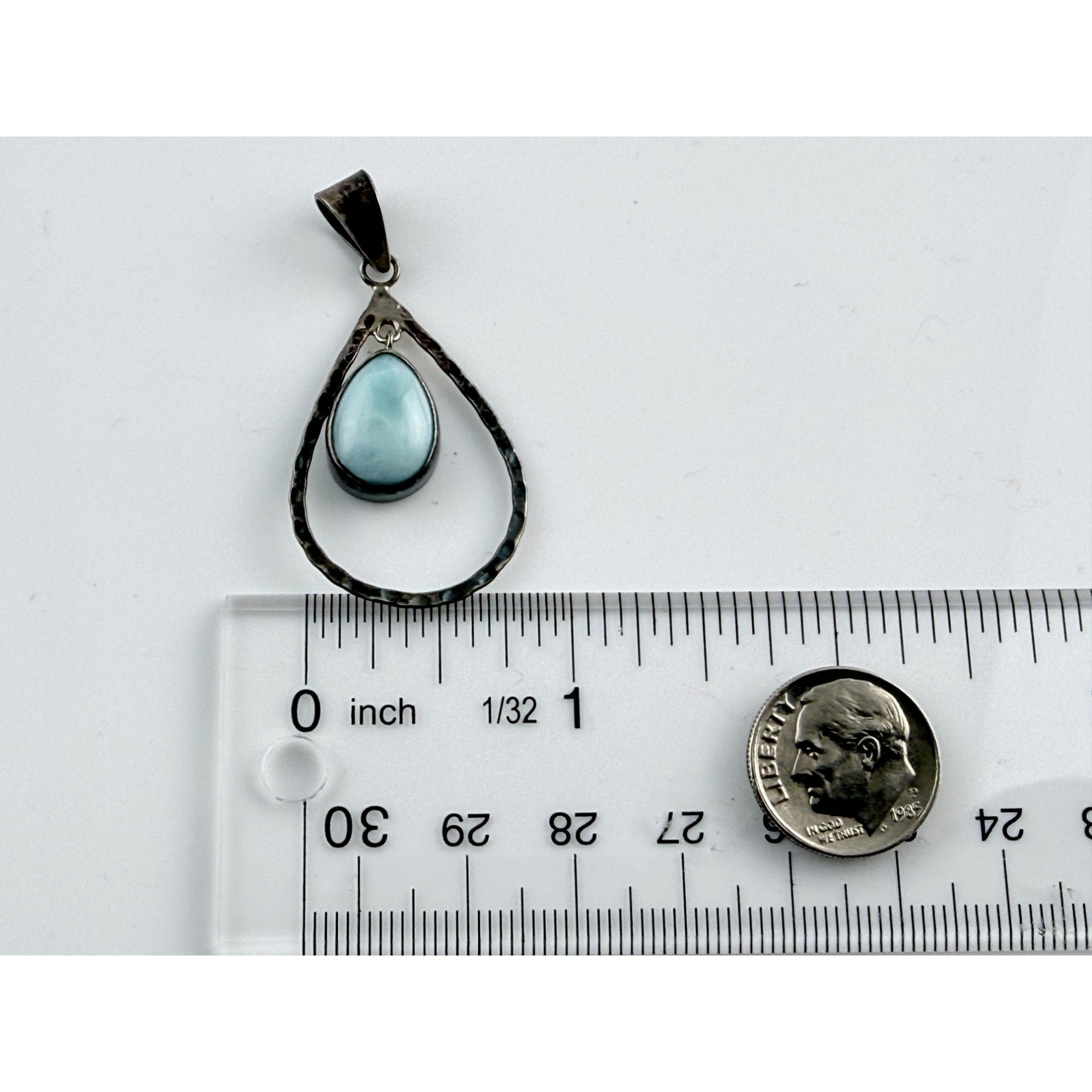 Sterling Silver Floating Larimar Cabochon Teardrop Pendant 3.7g 1.75 Inches