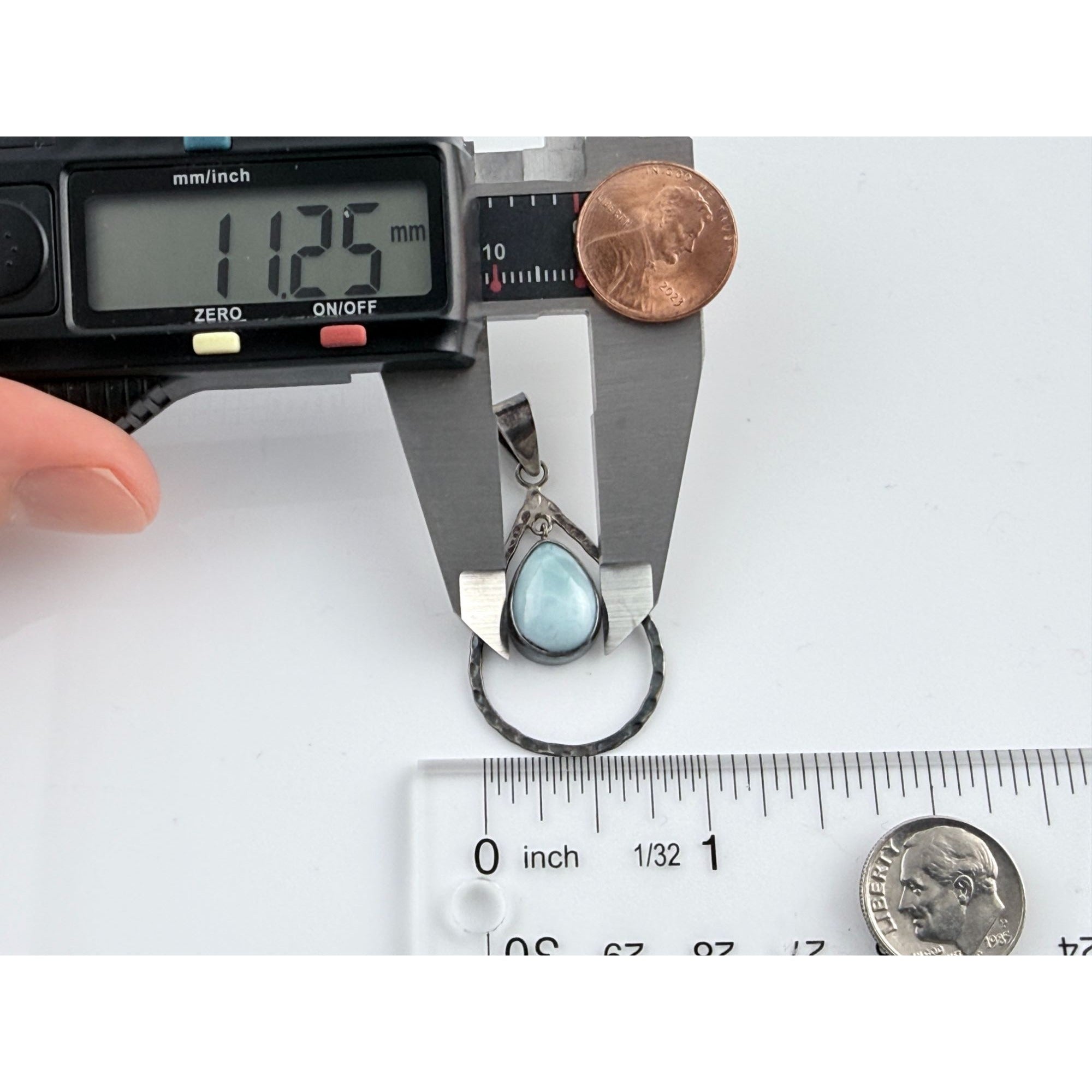 Sterling Silver Floating Larimar Cabochon Teardrop Pendant 3.7g 1.75 Inches