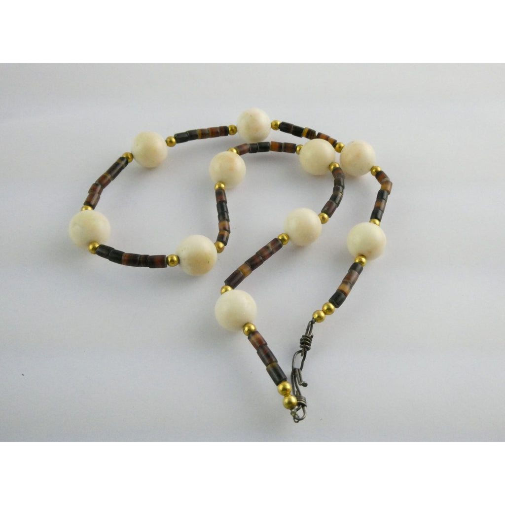 Vintage Goldtone Beaded Heishi Shell and Cream Stone Necklace 15 Inches 21.3g