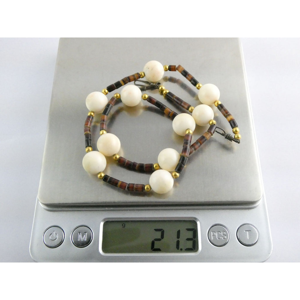 Vintage Goldtone Beaded Heishi Shell and Cream Stone Necklace 15 Inches 21.3g