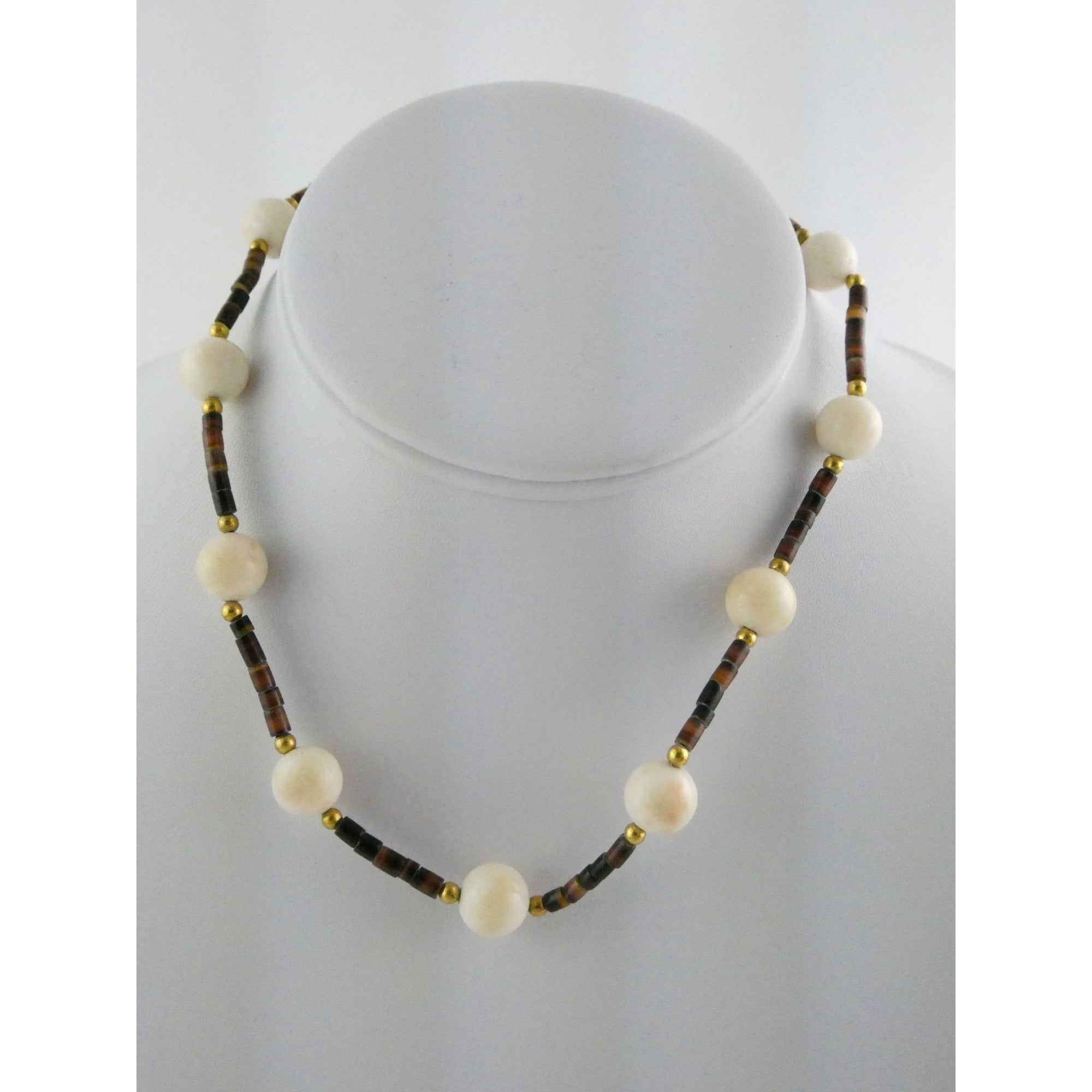 Vintage Goldtone Beaded Heishi Shell and Cream Stone Necklace 15 Inches 21.3g