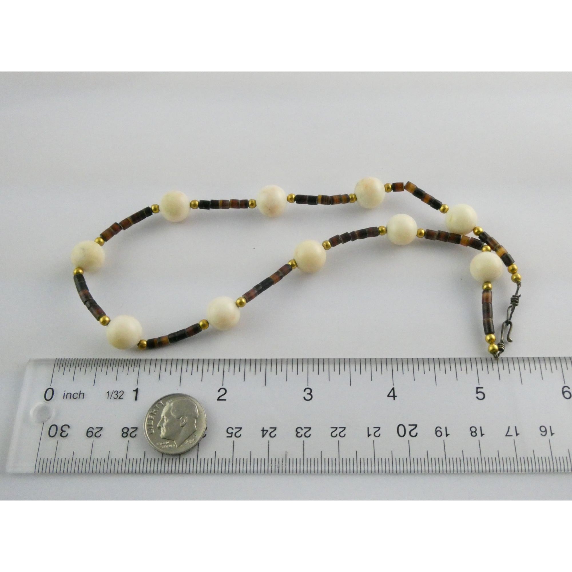 Vintage Goldtone Beaded Heishi Shell and Cream Stone Necklace 15 Inches 21.3g