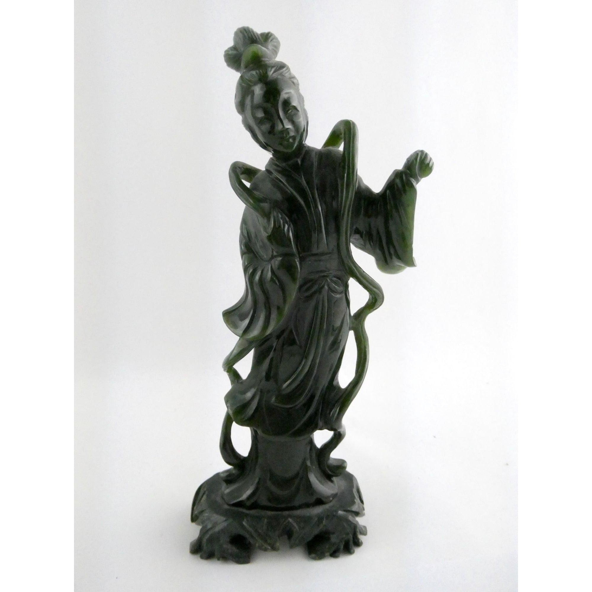 Chinese Carved Spinach Green Nephrite Jade Immortal Goddess Statuette Figurine
