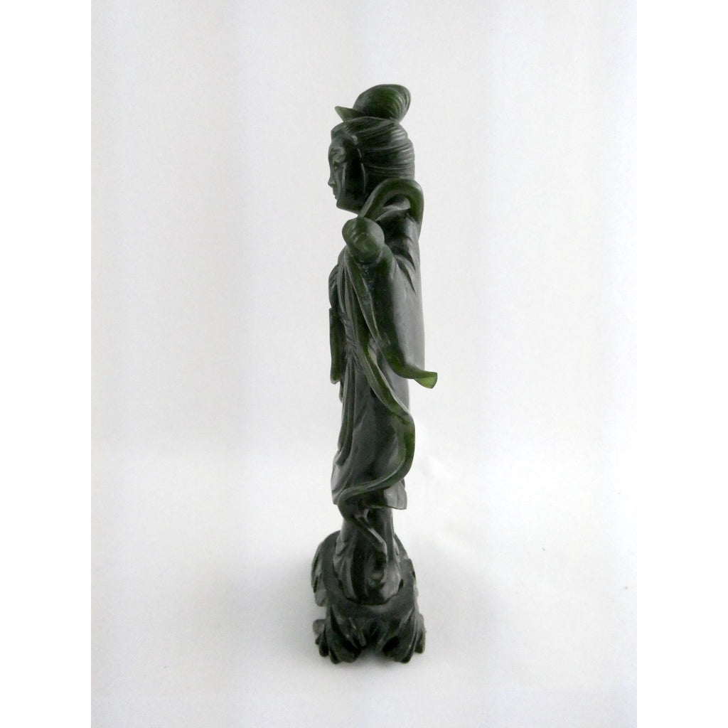 Chinese Carved Spinach Green Nephrite Jade Immortal Goddess Statuette Figurine