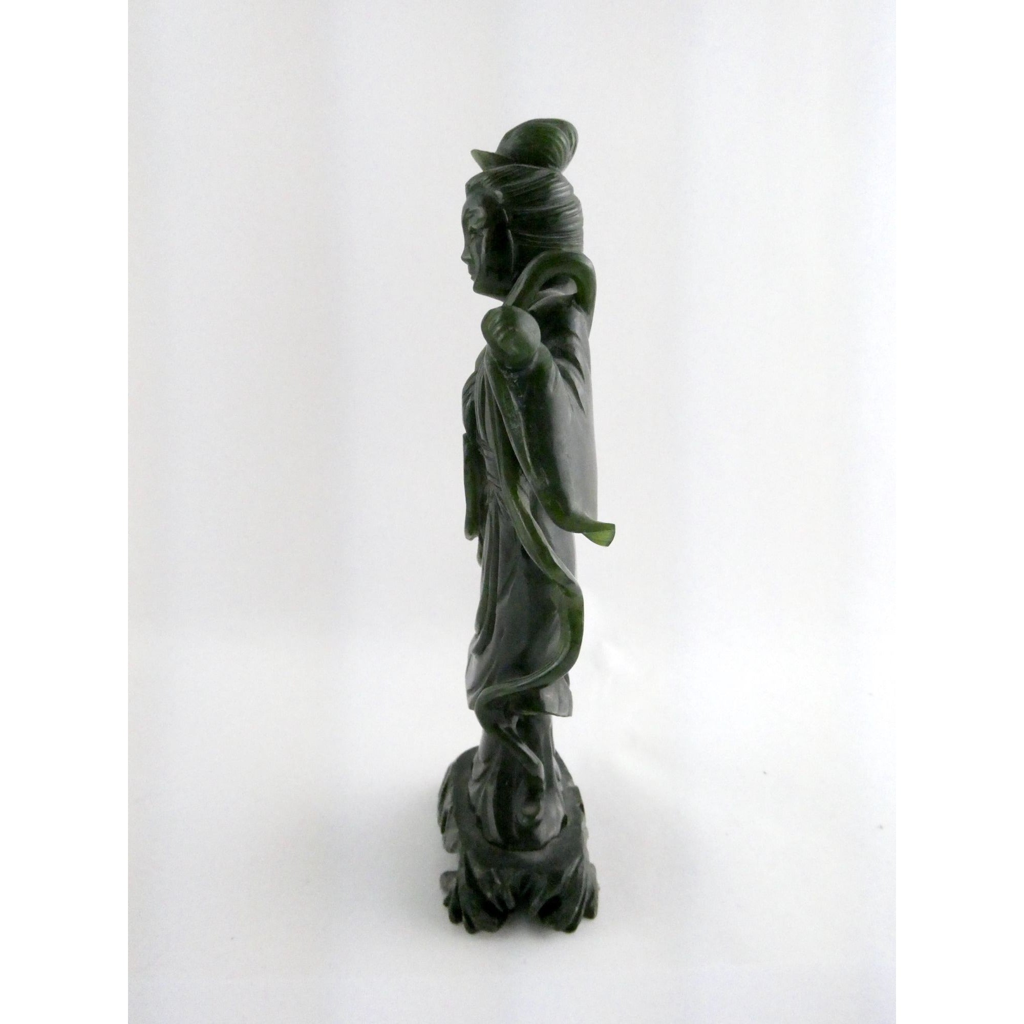 Chinese Carved Spinach Green Nephrite Jade Immortal Goddess Statuette Figurine