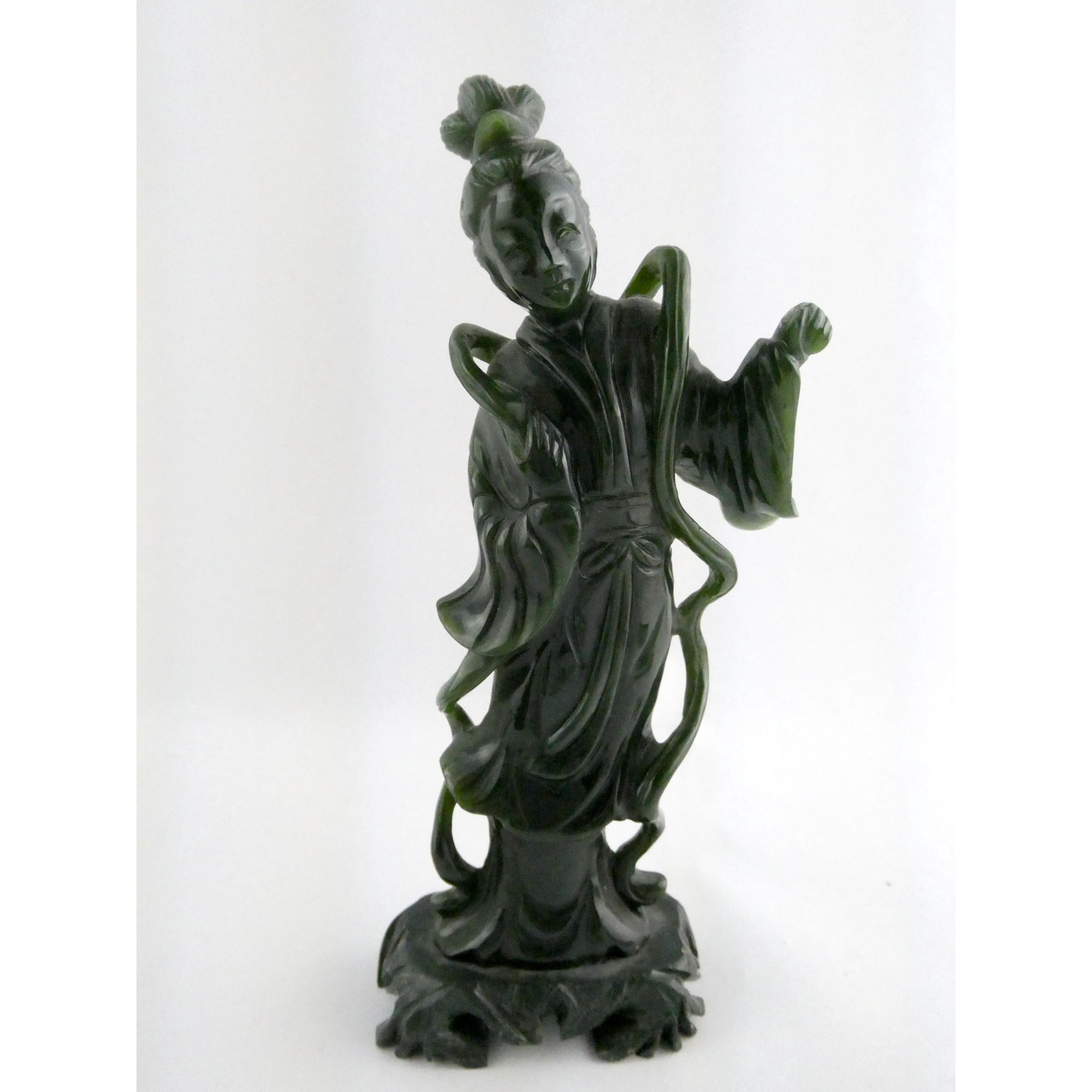 Chinese Carved Spinach Green Nephrite Jade Immortal Goddess Statuette Figurine