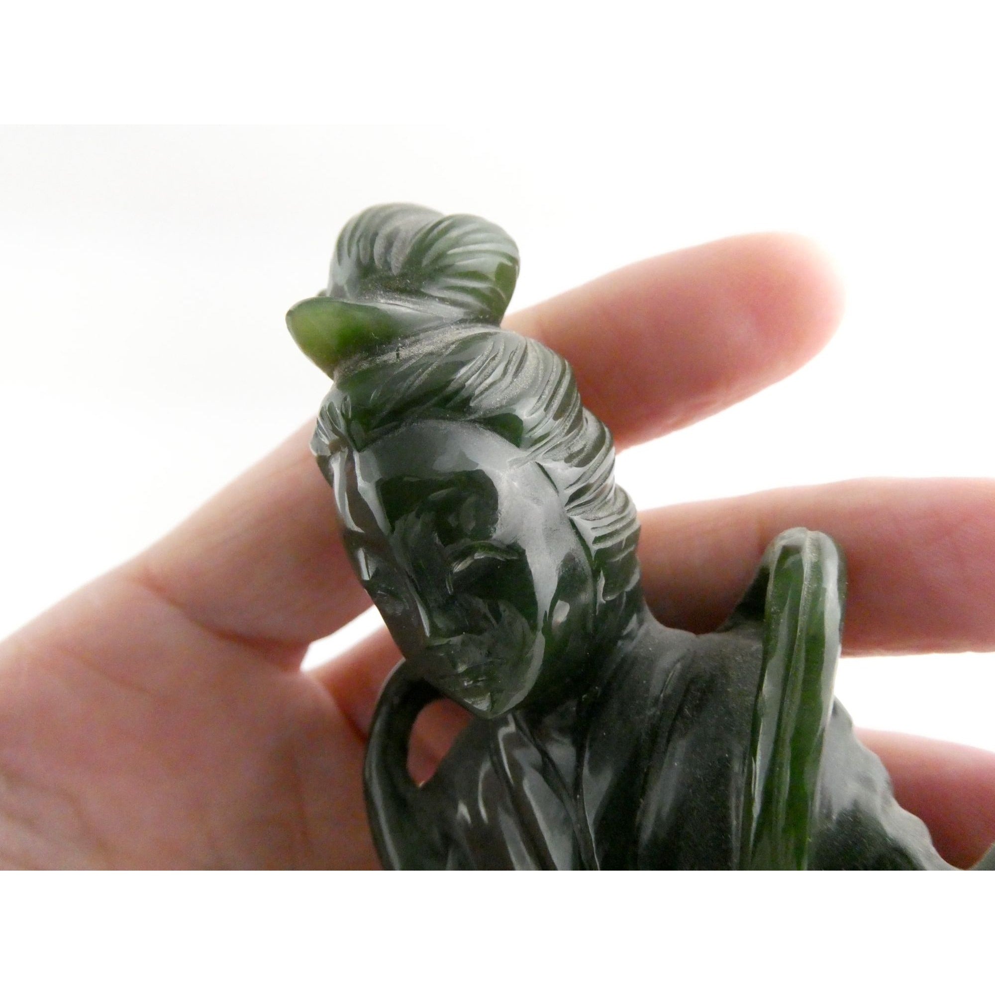 Chinese Carved Spinach Green Nephrite Jade Immortal Goddess Statuette Figurine