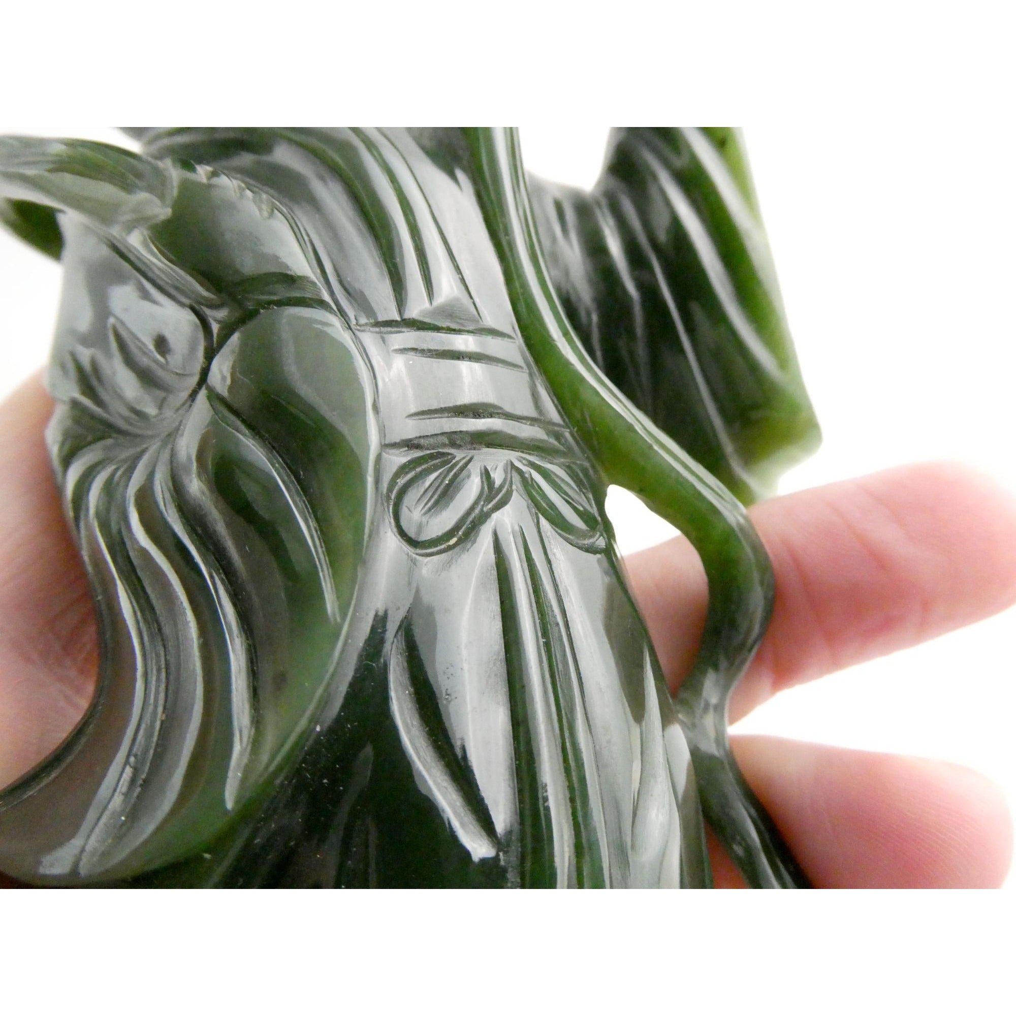 Chinese Carved Spinach Green Nephrite Jade Immortal Goddess Statuette Figurine