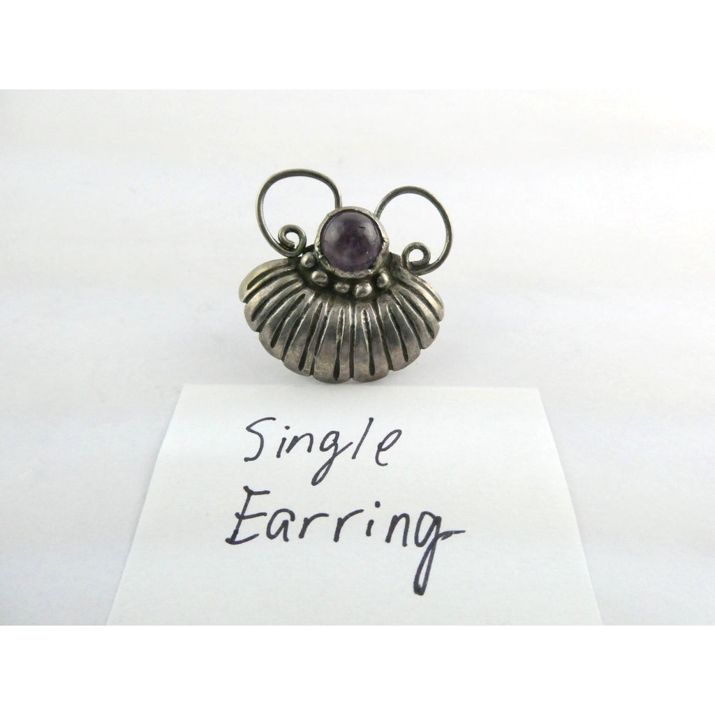 Vintage Mexico SINGLE Sterling Silver Amethyst Screwback Earring 8.2g 31mm