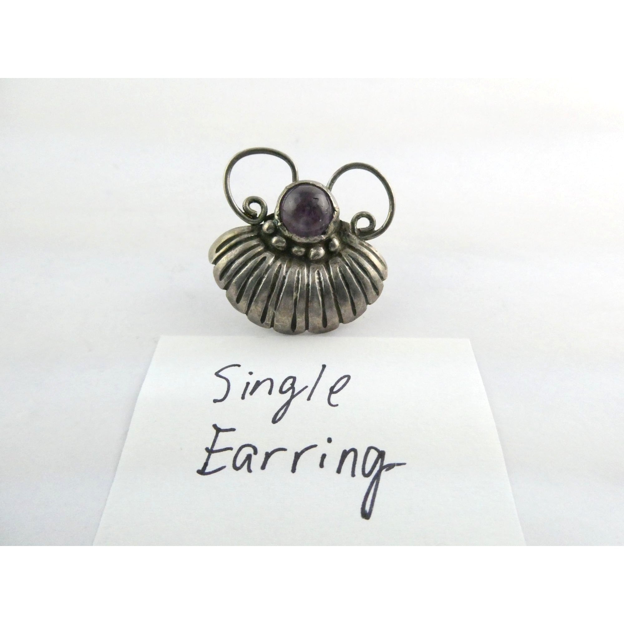 Vintage Mexico SINGLE Sterling Silver Amethyst Screwback Earring 8.2g 31mm