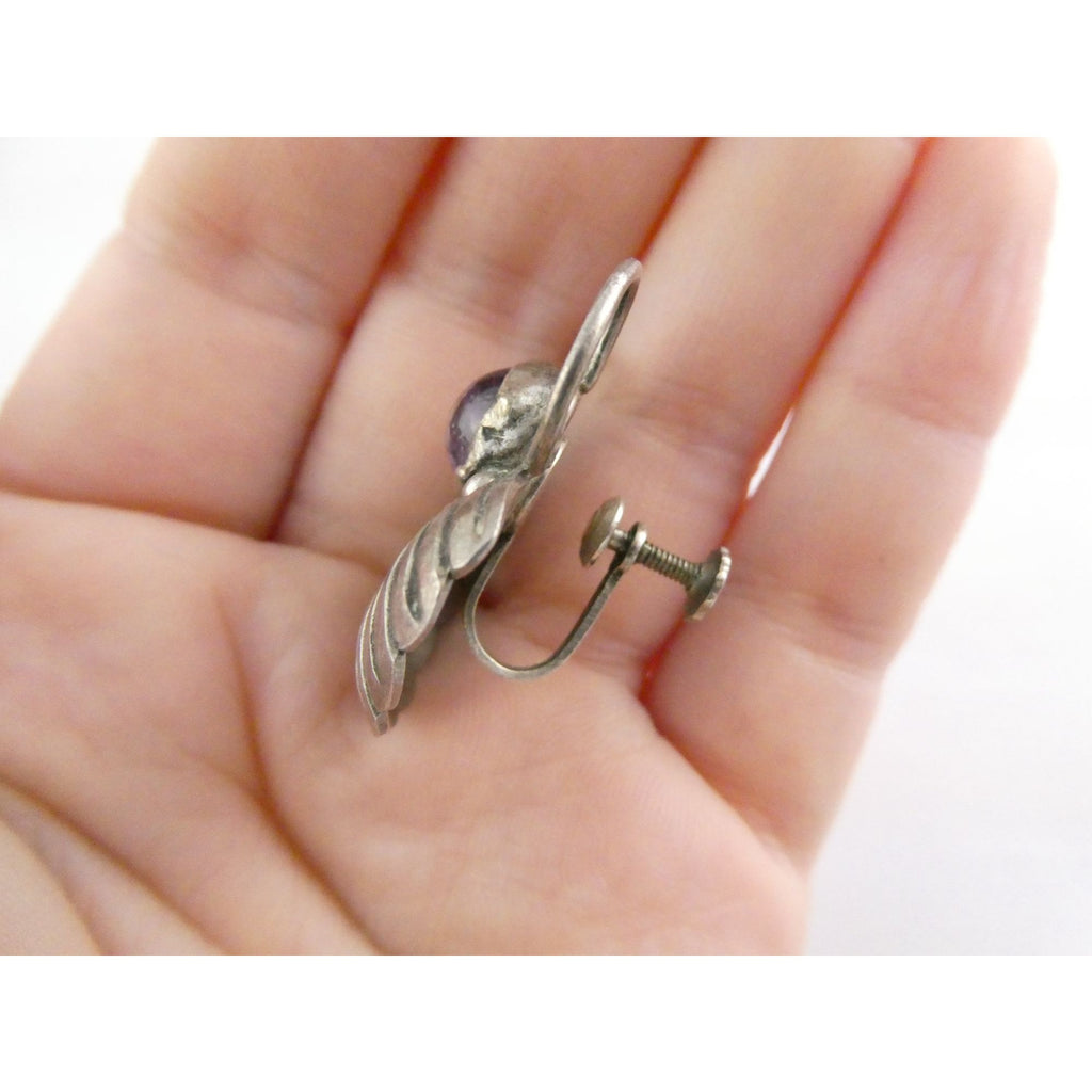 Vintage Mexico SINGLE Sterling Silver Amethyst Screwback Earring 8.2g 31mm