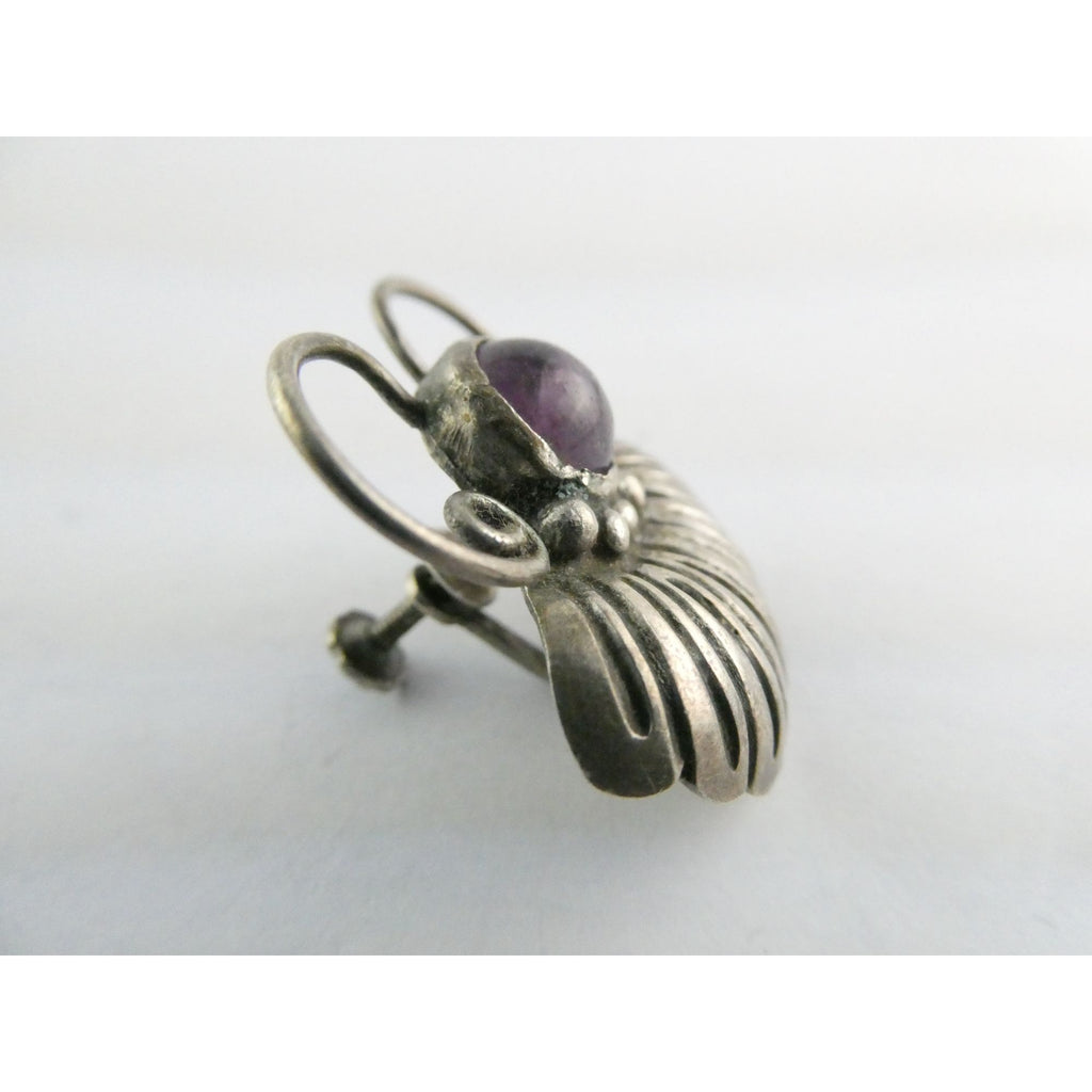 Vintage Mexico SINGLE Sterling Silver Amethyst Screwback Earring 8.2g 31mm