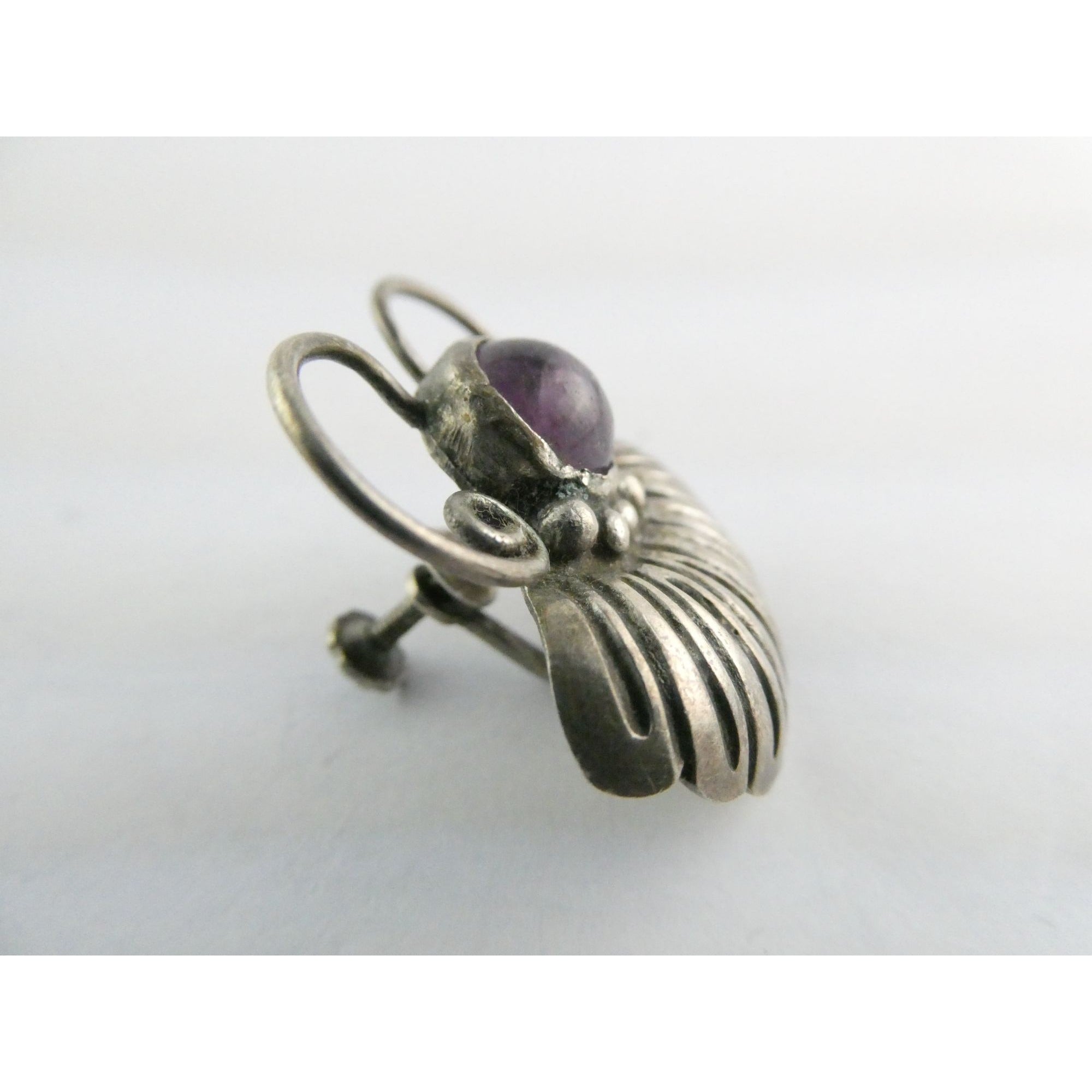 Vintage Mexico SINGLE Sterling Silver Amethyst Screwback Earring 8.2g 31mm