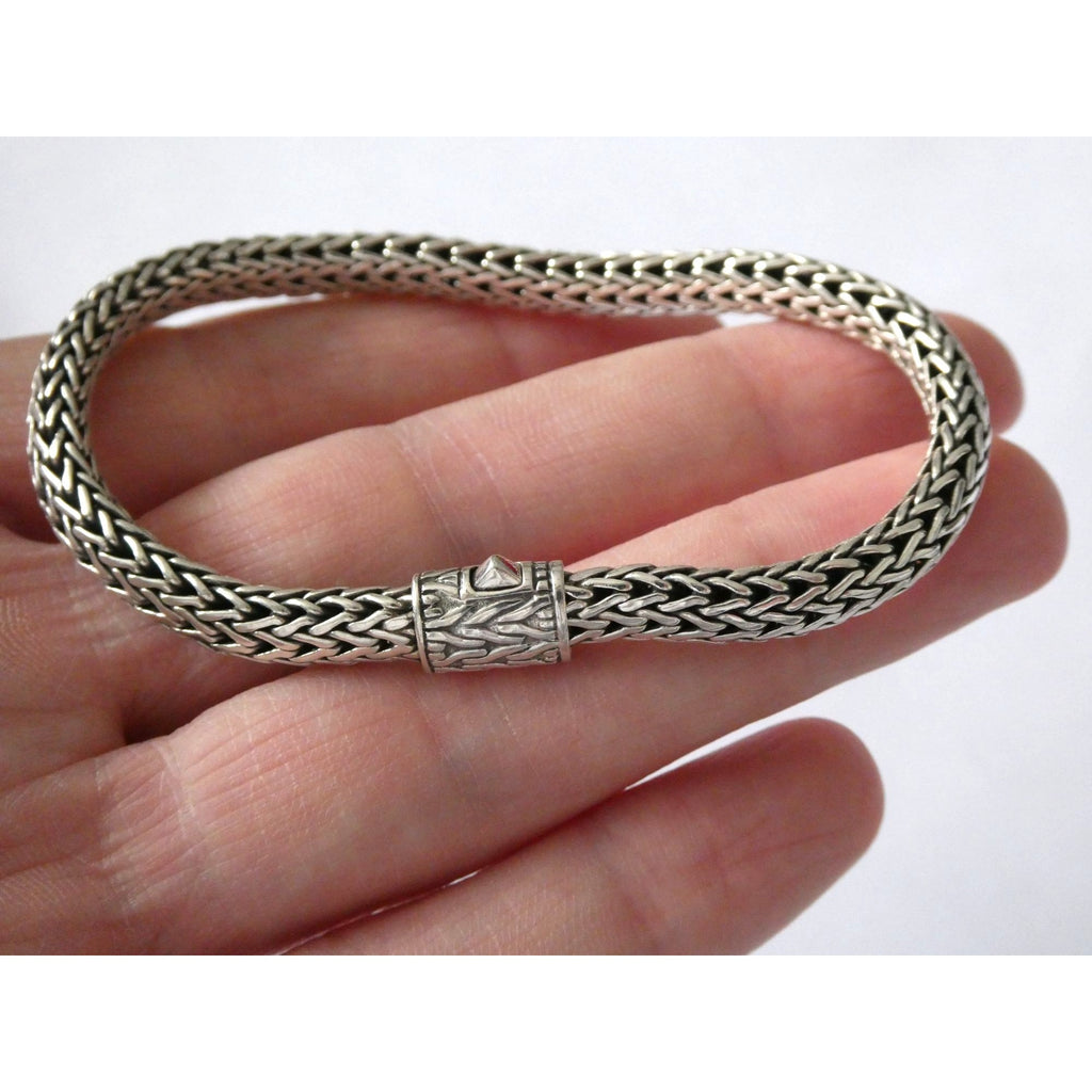 John Hardy Icon Sterling Silver Bracelet Woven Wheat Chain 6.3mm 7.25 Inches 26g