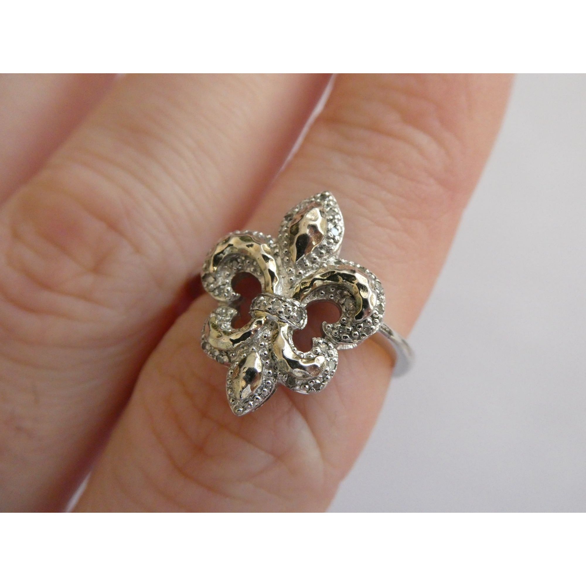 EA Designer Sterling Silver Natural Diamond Accent Fleur De Lis Ring Size 7.75