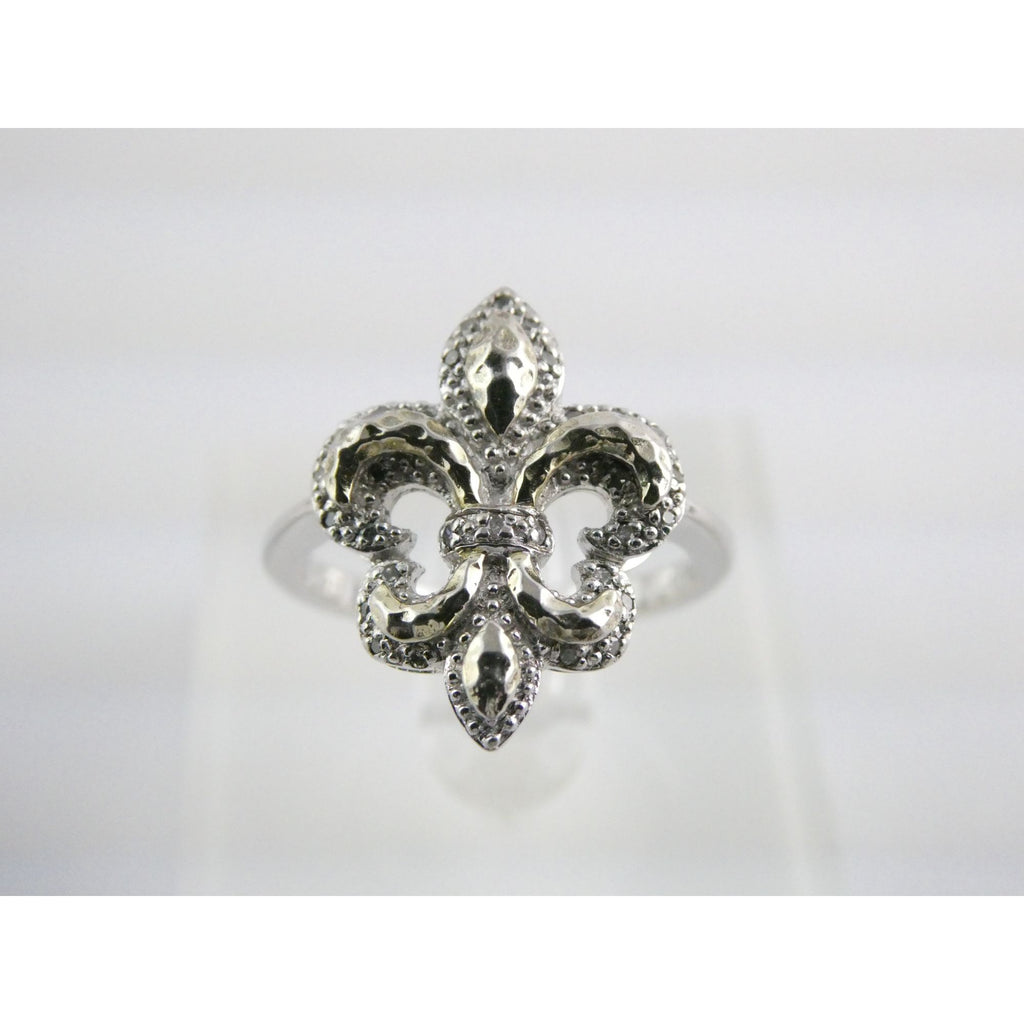 EA Designer Sterling Silver Natural Diamond Accent Fleur De Lis Ring Size 7.75