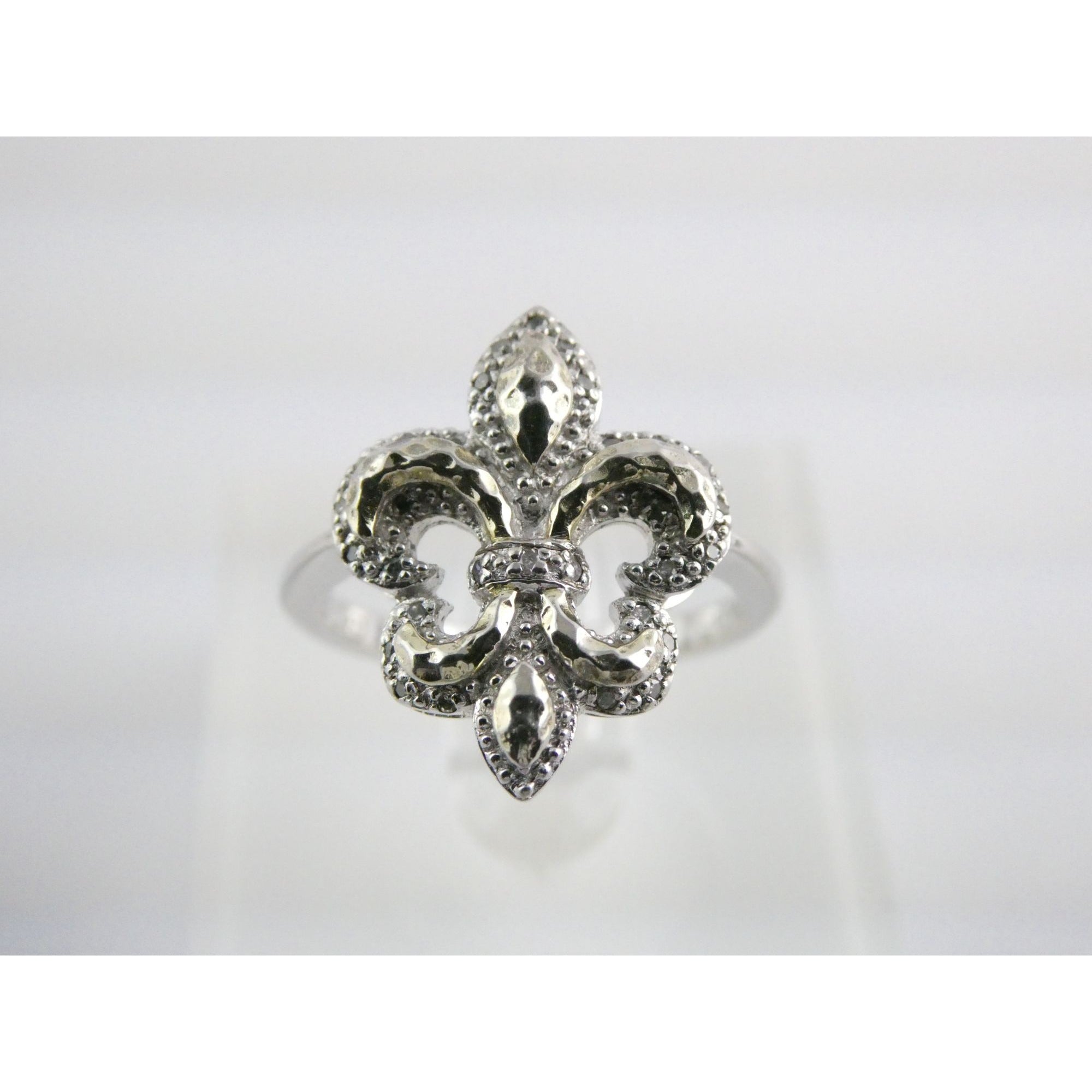 EA Designer Sterling Silver Natural Diamond Accent Fleur De Lis Ring Size 7.75