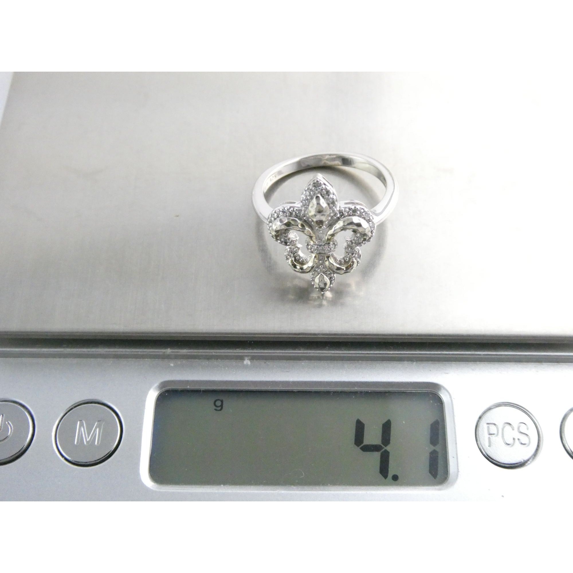 EA Designer Sterling Silver Natural Diamond Accent Fleur De Lis Ring Size 7.75