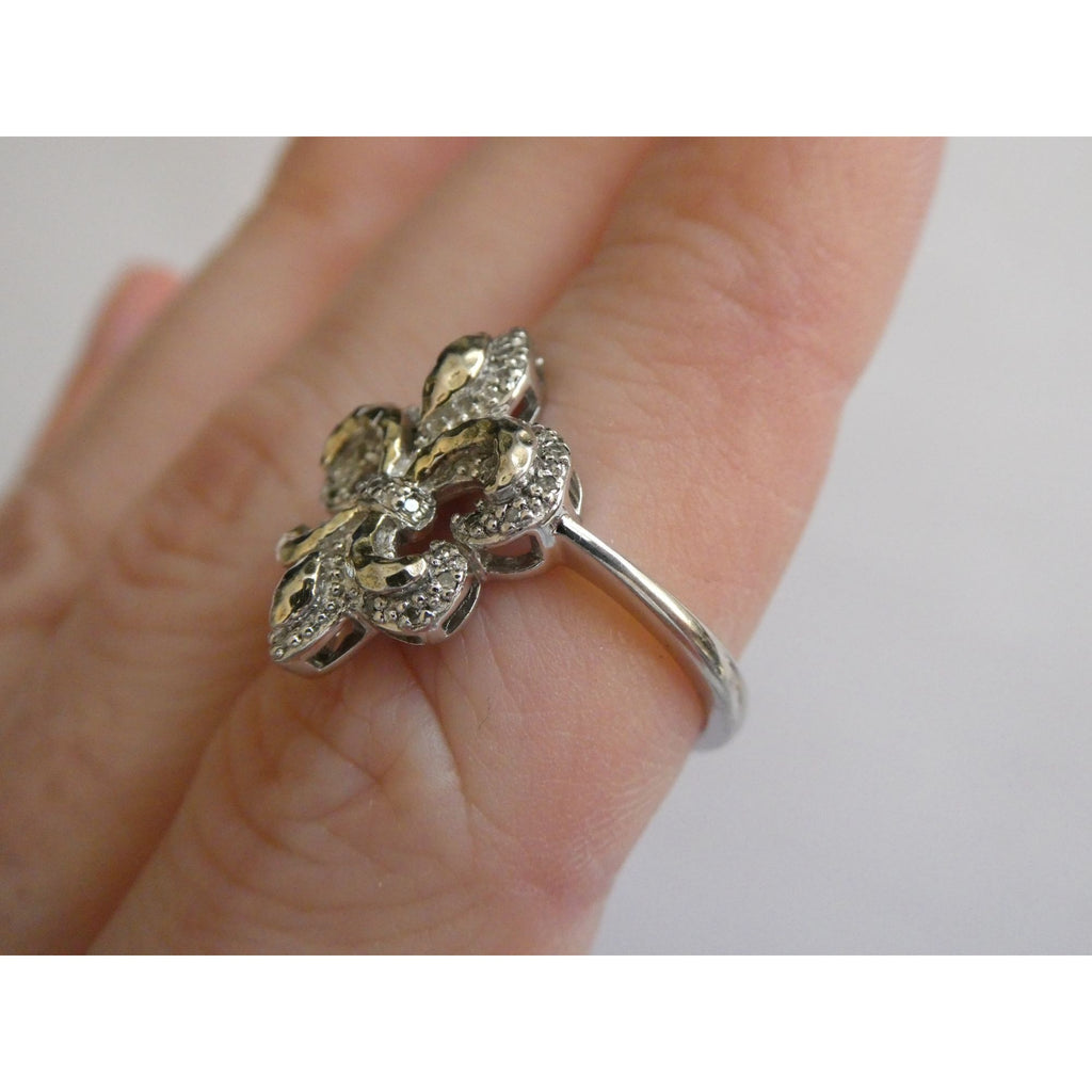EA Designer Sterling Silver Natural Diamond Accent Fleur De Lis Ring Size 7.75