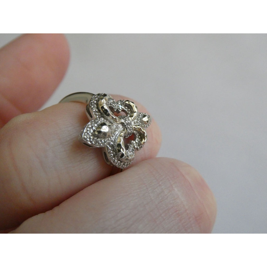 EA Designer Sterling Silver Natural Diamond Accent Fleur De Lis Ring Size 7.75