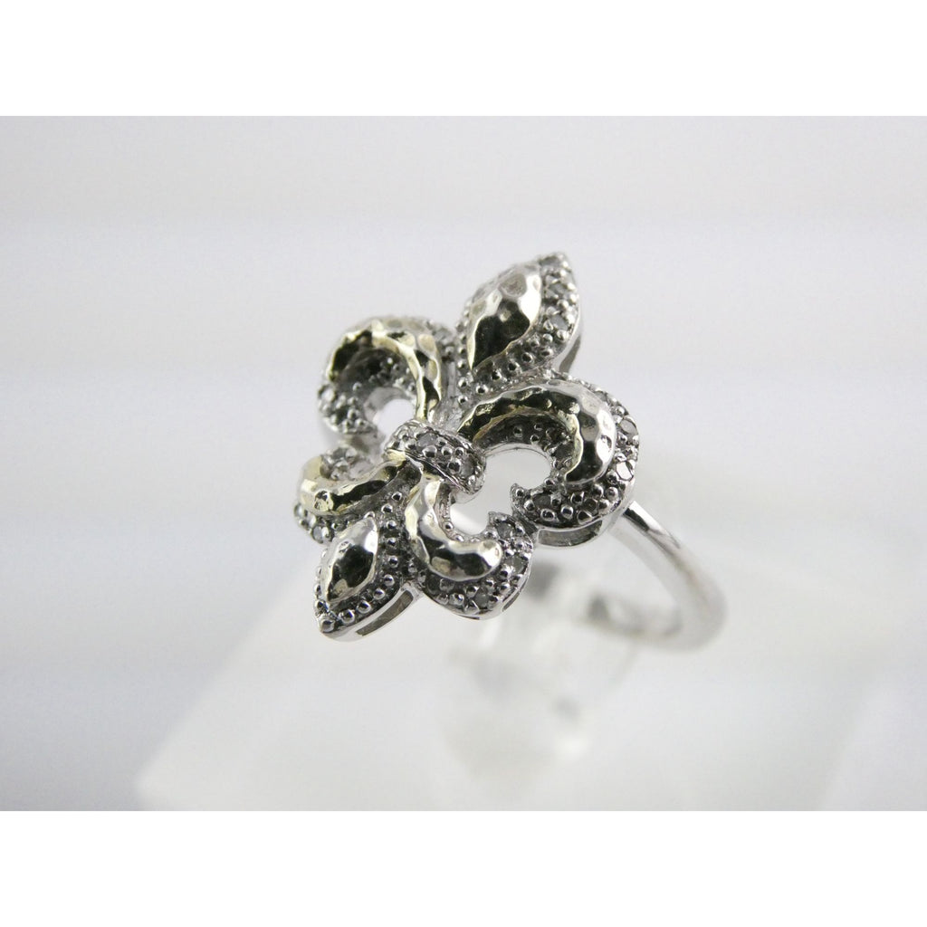 EA Designer Sterling Silver Natural Diamond Accent Fleur De Lis Ring Size 7.75