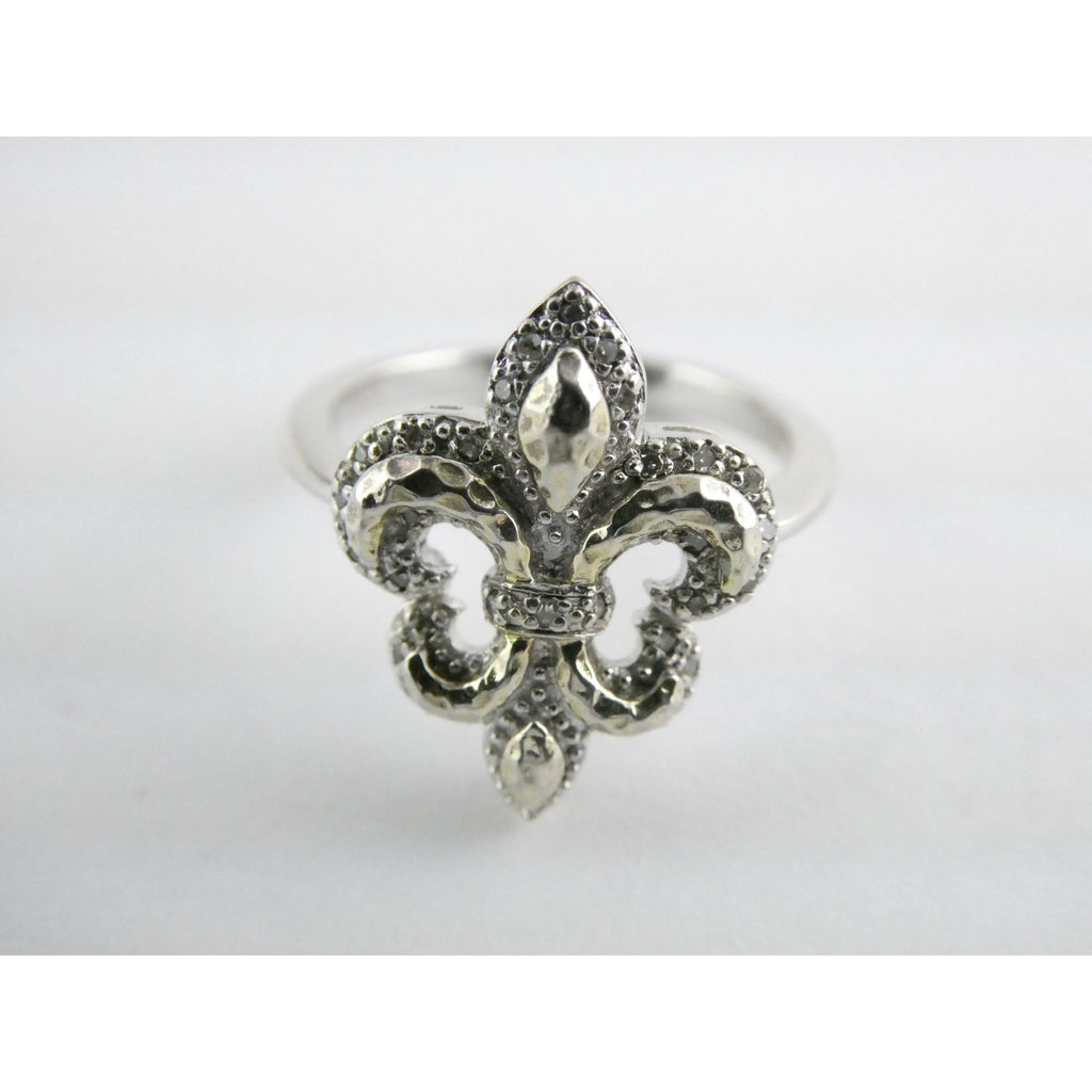 EA Designer Sterling Silver Natural Diamond Accent Fleur De Lis Ring Size 7.75